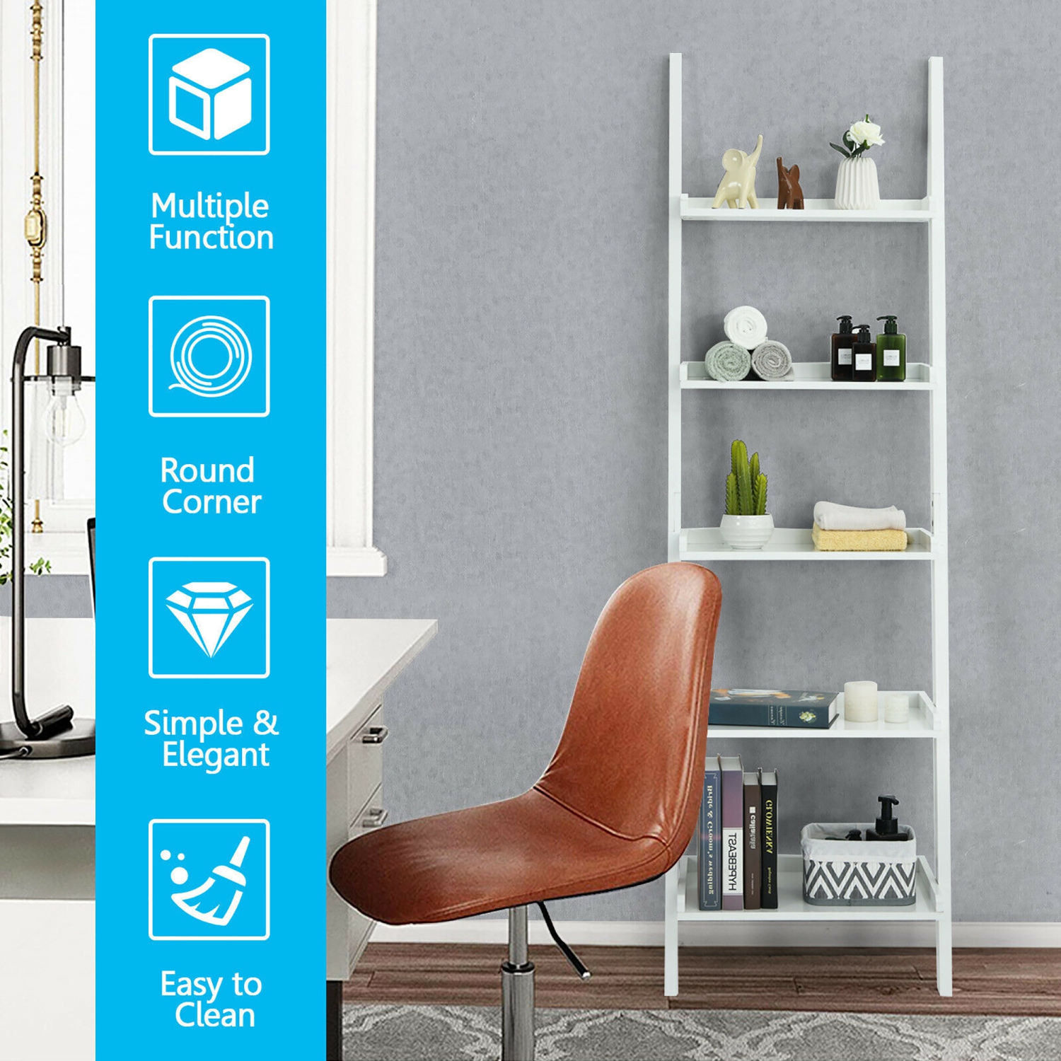 Costway Ladder Shelf 5-Tier Plant Stand Wall-leaning Bookcase Display Rack White