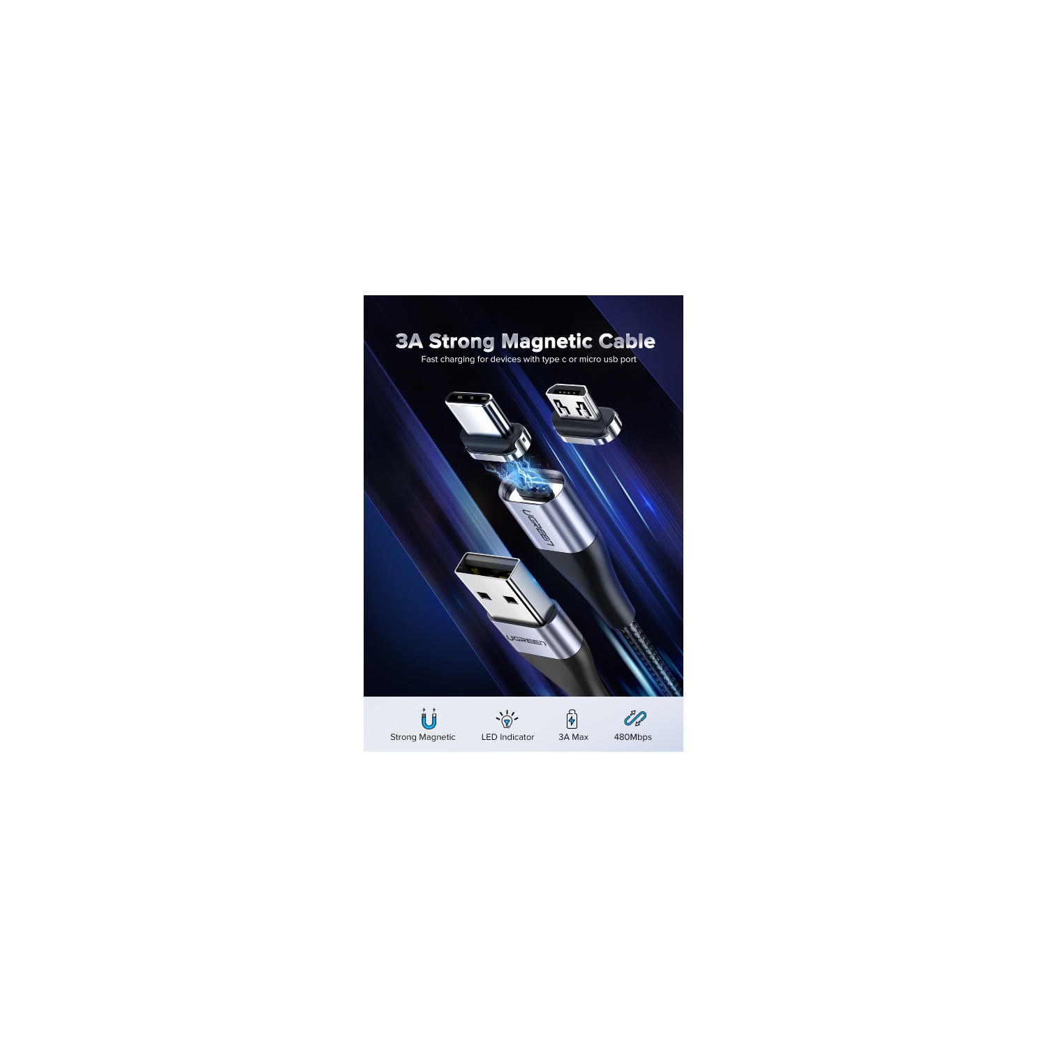 UGREEN Magnetic Cable 1M+Micro B Magnetic PlugGrey 1M