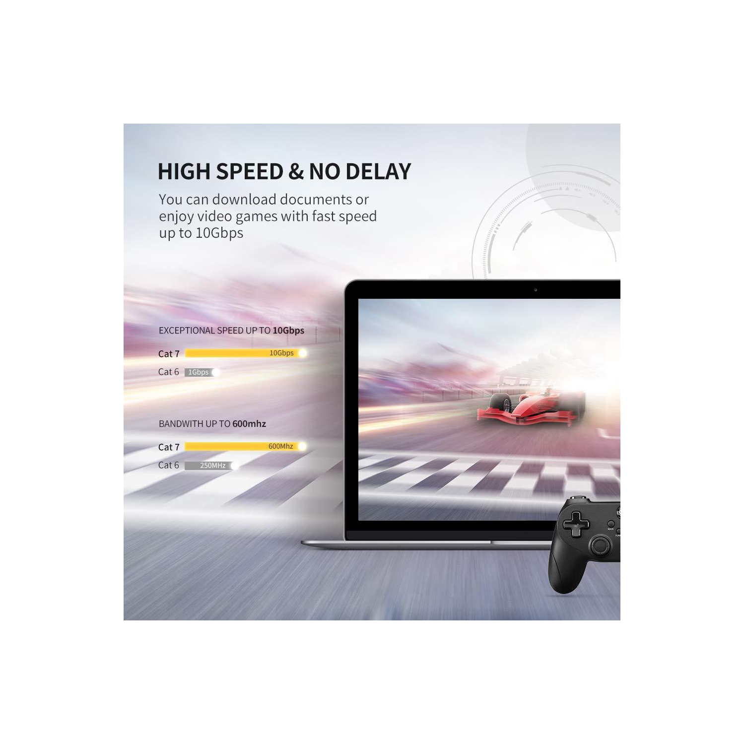 UGREEN Ethernet Cable Cat7 RJ45 Network Patch Cable Flat 10 Gigabit 600Mhz Lan Wire Cable Cord Shielded Black 6FT