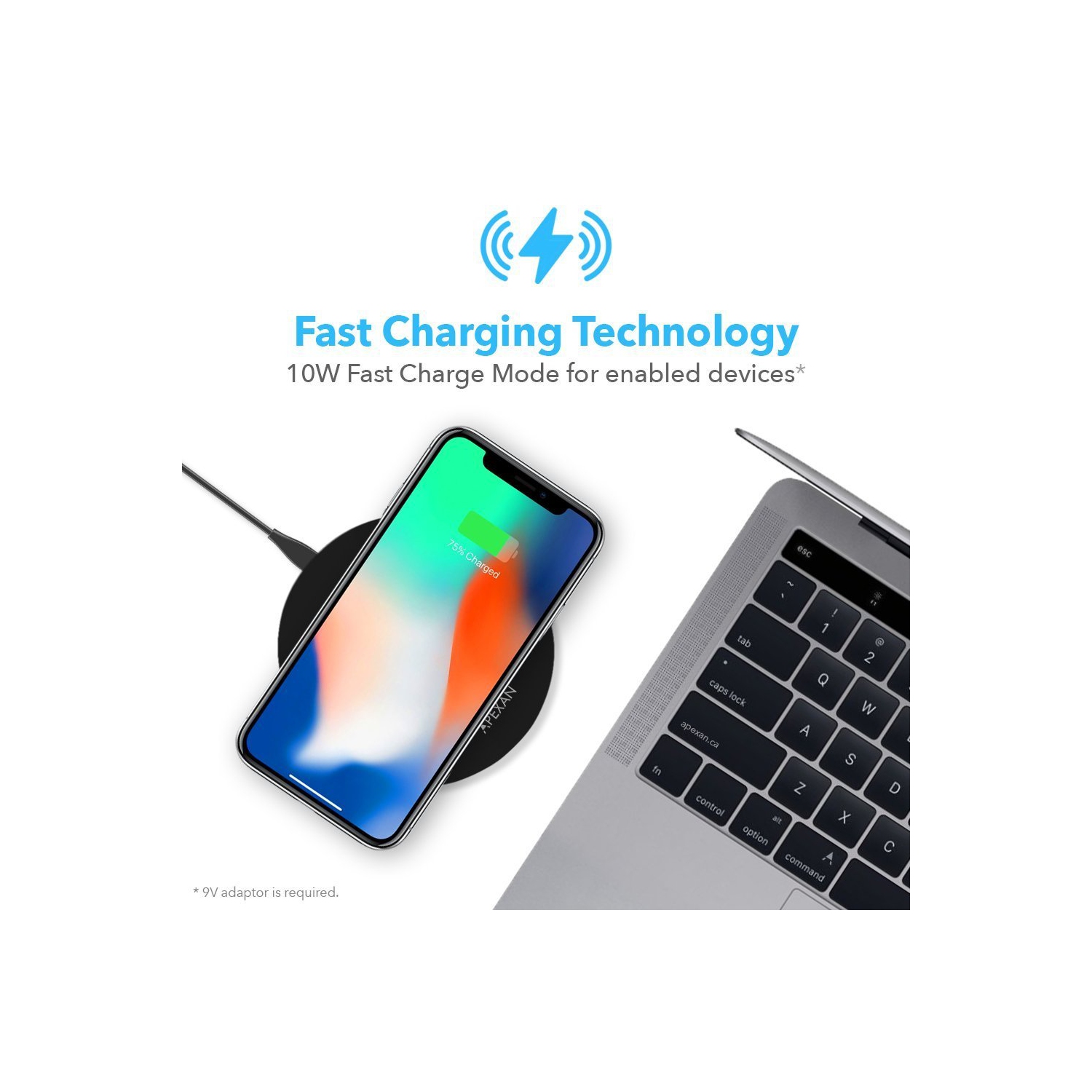 Chargeur sans fil rapide d'Apexan | 10&nbsp;W pour iPhone 13, 12, 11, XS et XR certifié Qi | Tapis de chargement sans fil Qi rapide d'10&nbsp;W