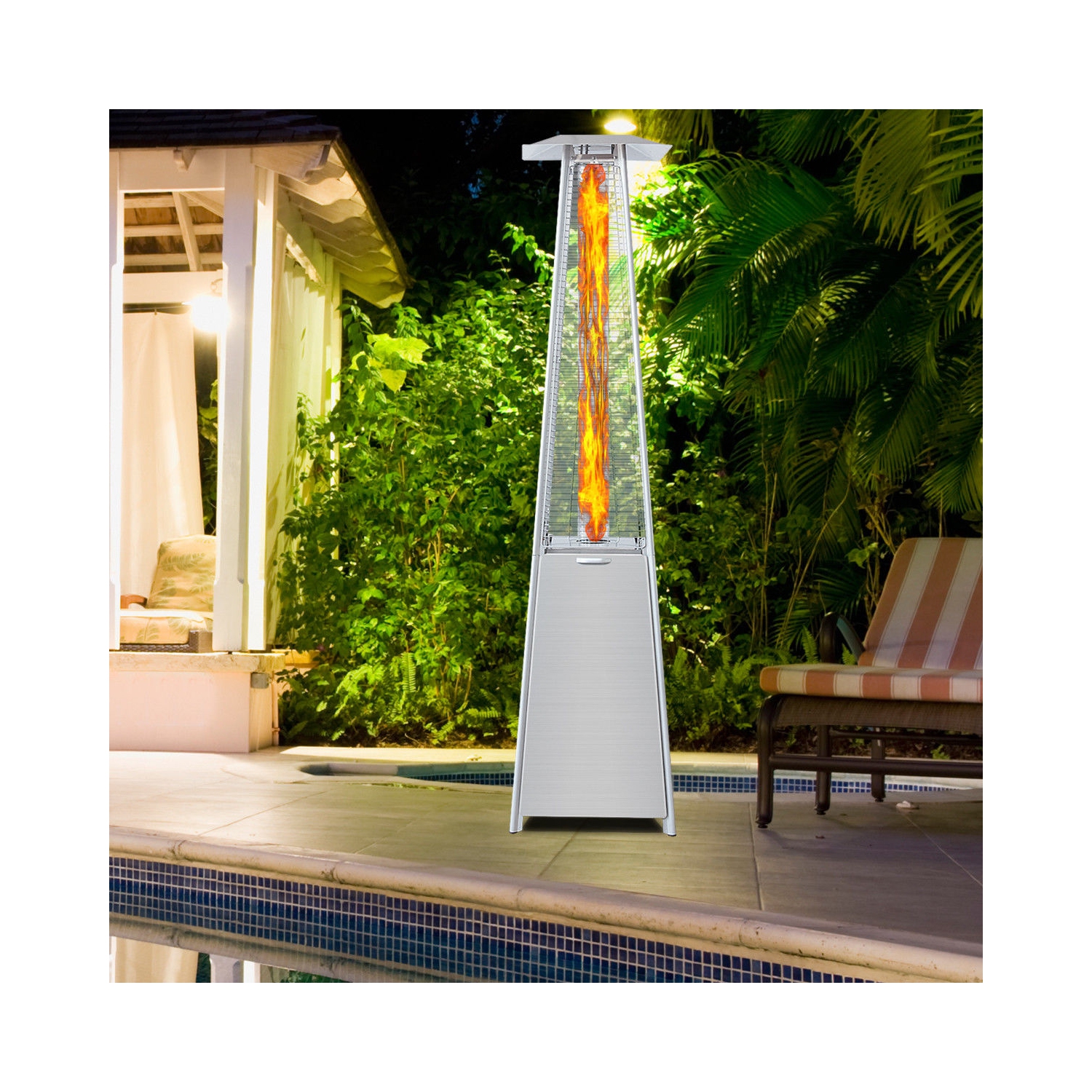 40,000BTU Patio Heater Stainless Steel Pyramid Propane Glass Tube Dancing Flames