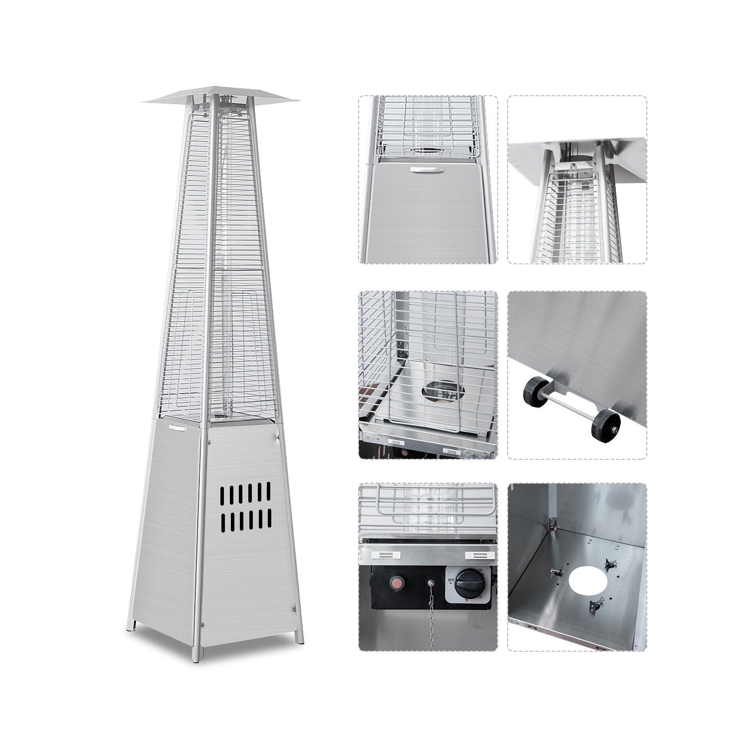 40,000BTU Patio Heater Stainless Steel Pyramid Propane Glass Tube Dancing Flames