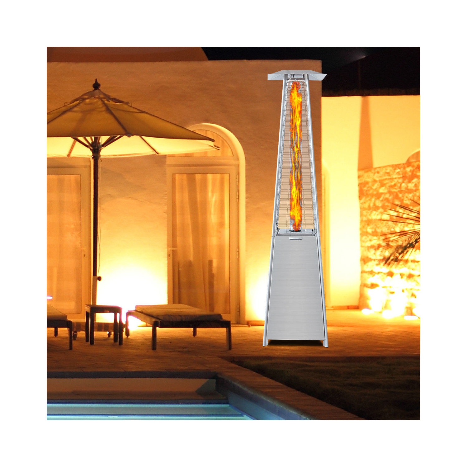 40,000BTU Patio Heater Stainless Steel Pyramid Propane Glass Tube Dancing Flames