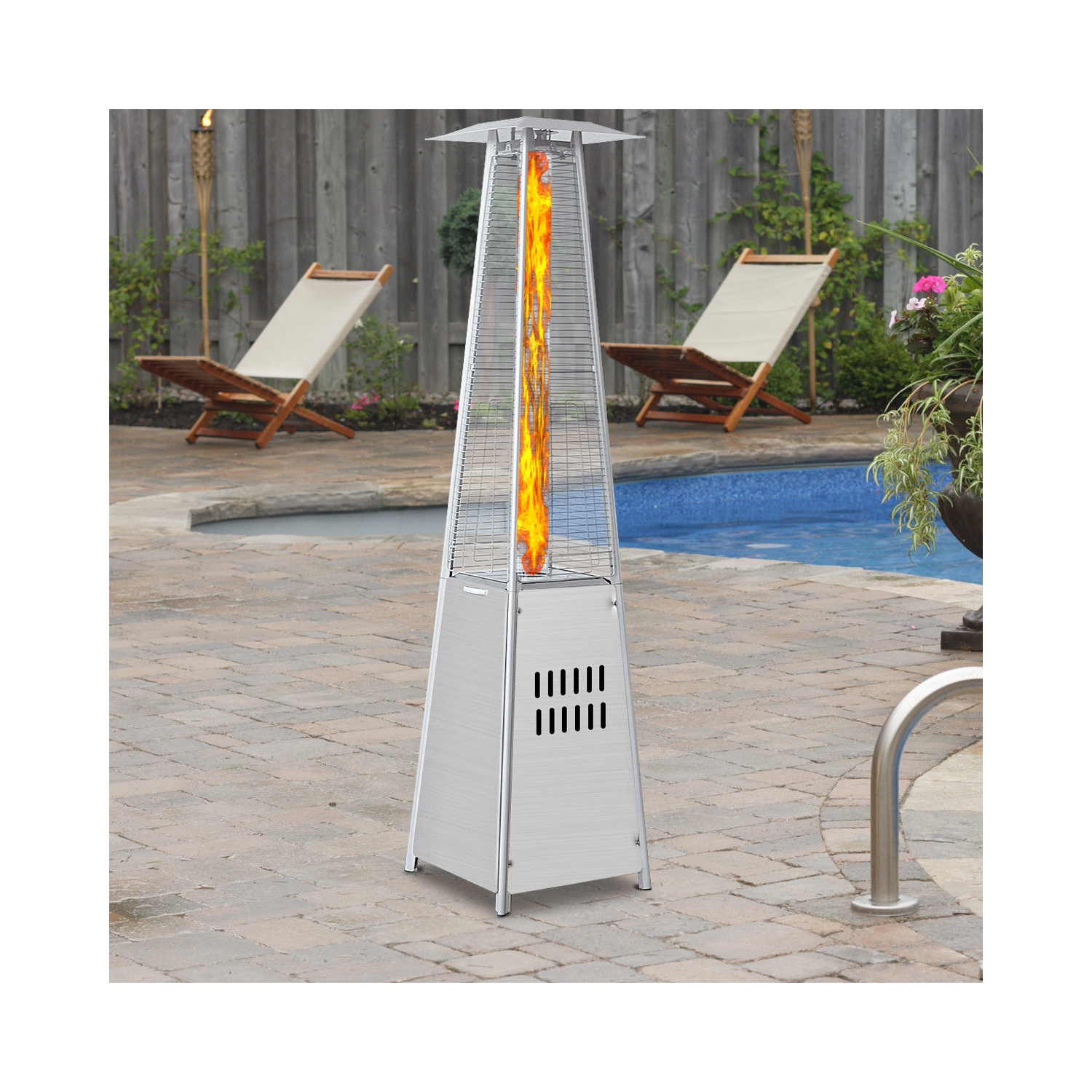 40,000BTU Patio Heater Stainless Steel Pyramid Propane Glass Tube Dancing Flames