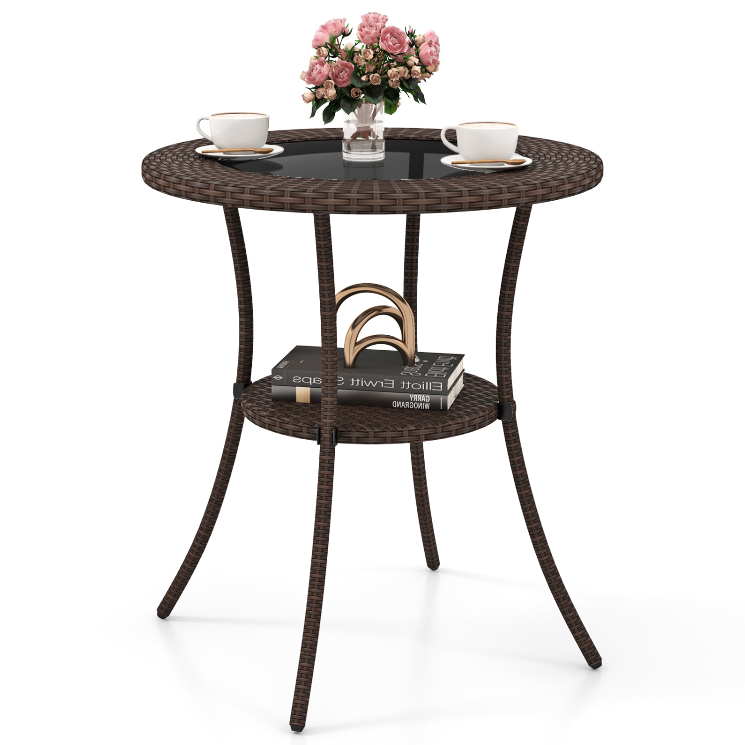 Costway Steel Frame Rattan Wicker Round Coffee Table Glass Top Patio W/ Lower Shelf