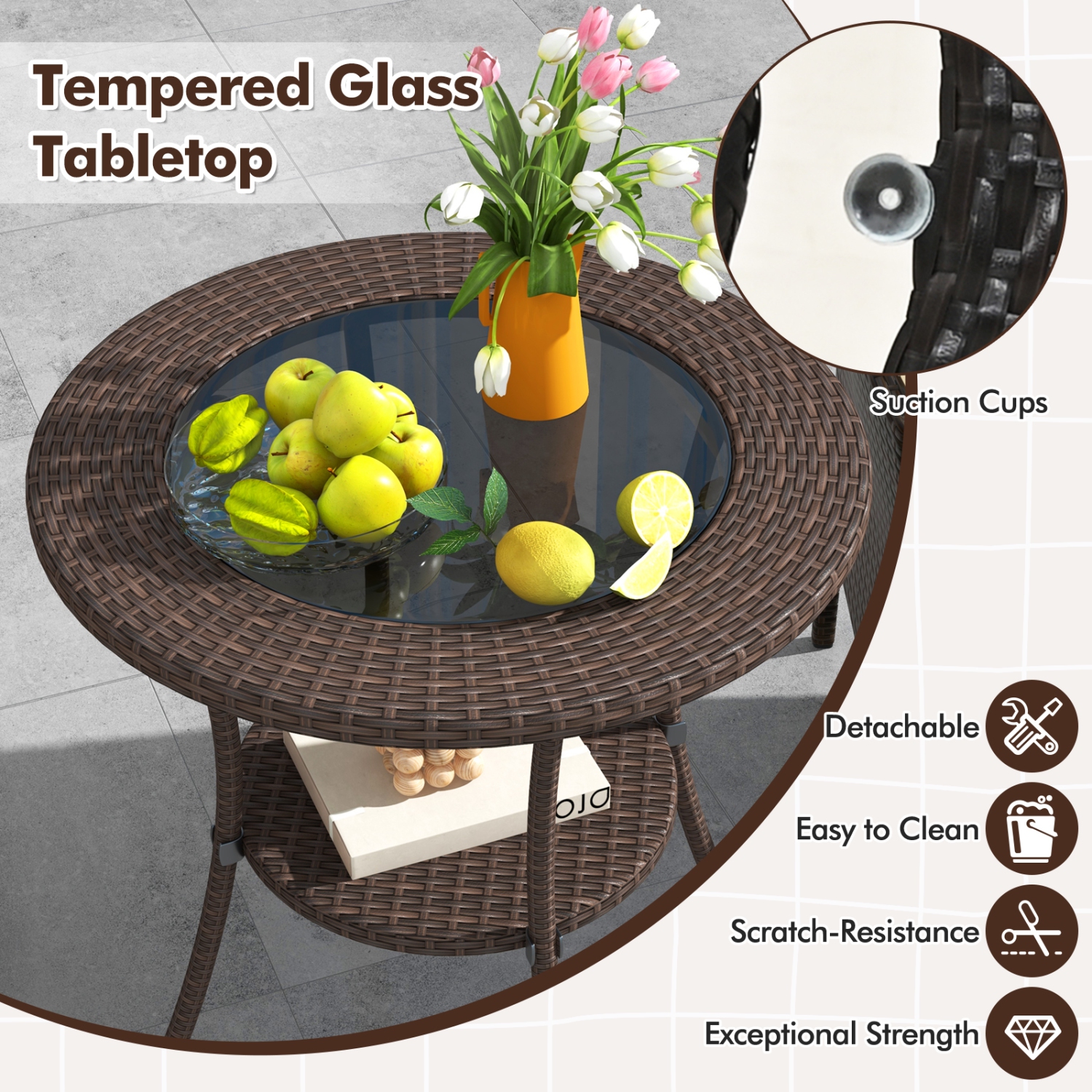 Costway Steel Frame Rattan Wicker Round Coffee Table Glass Top Patio W/ Lower Shelf