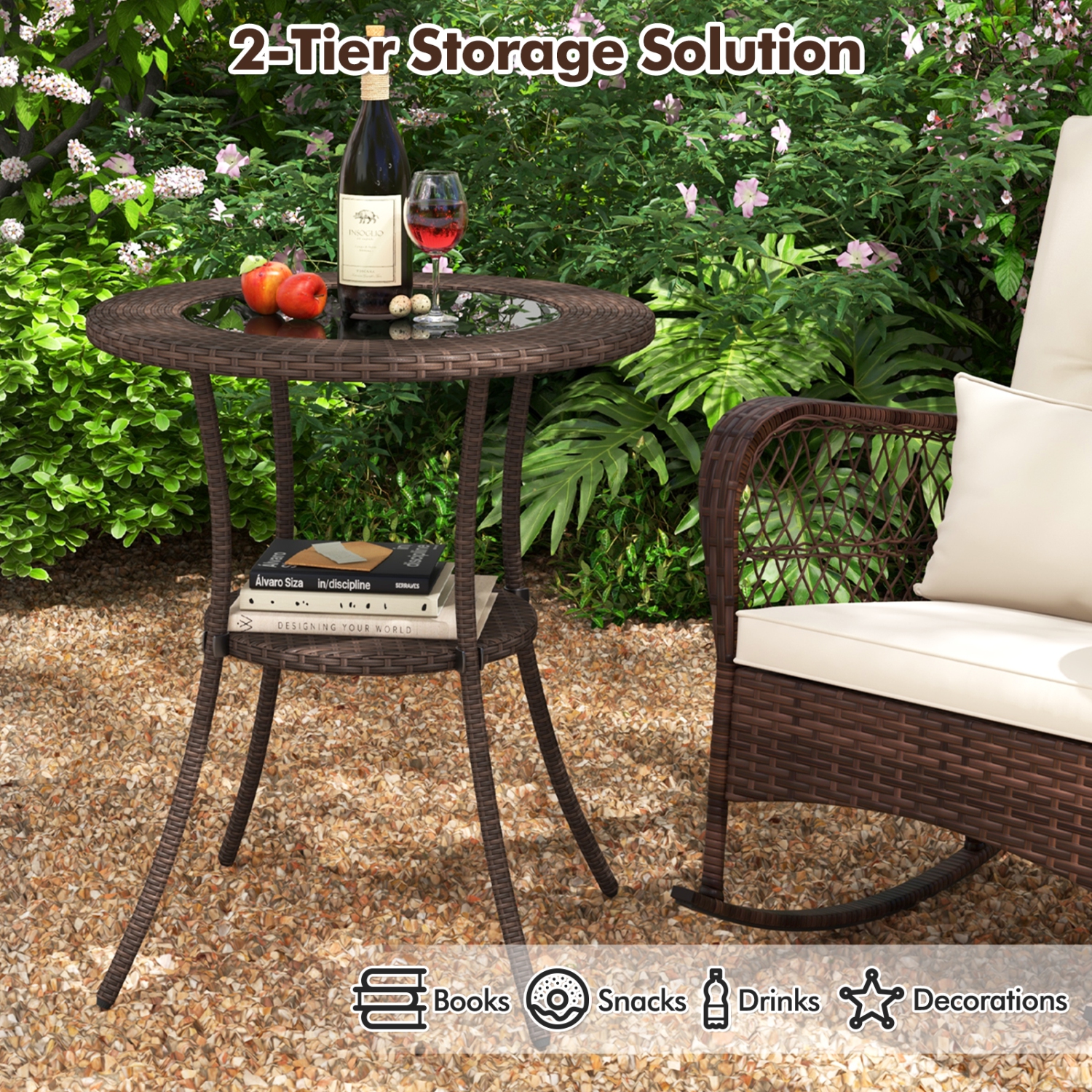 Costway Steel Frame Rattan Wicker Round Coffee Table Glass Top Patio W/ Lower Shelf