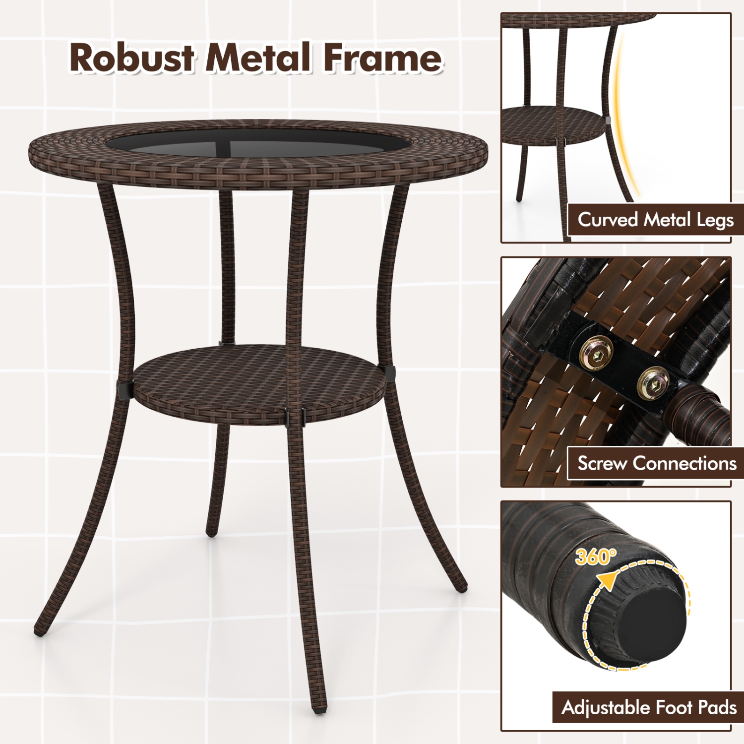 Costway Steel Frame Rattan Wicker Round Coffee Table Glass Top Patio W/ Lower Shelf