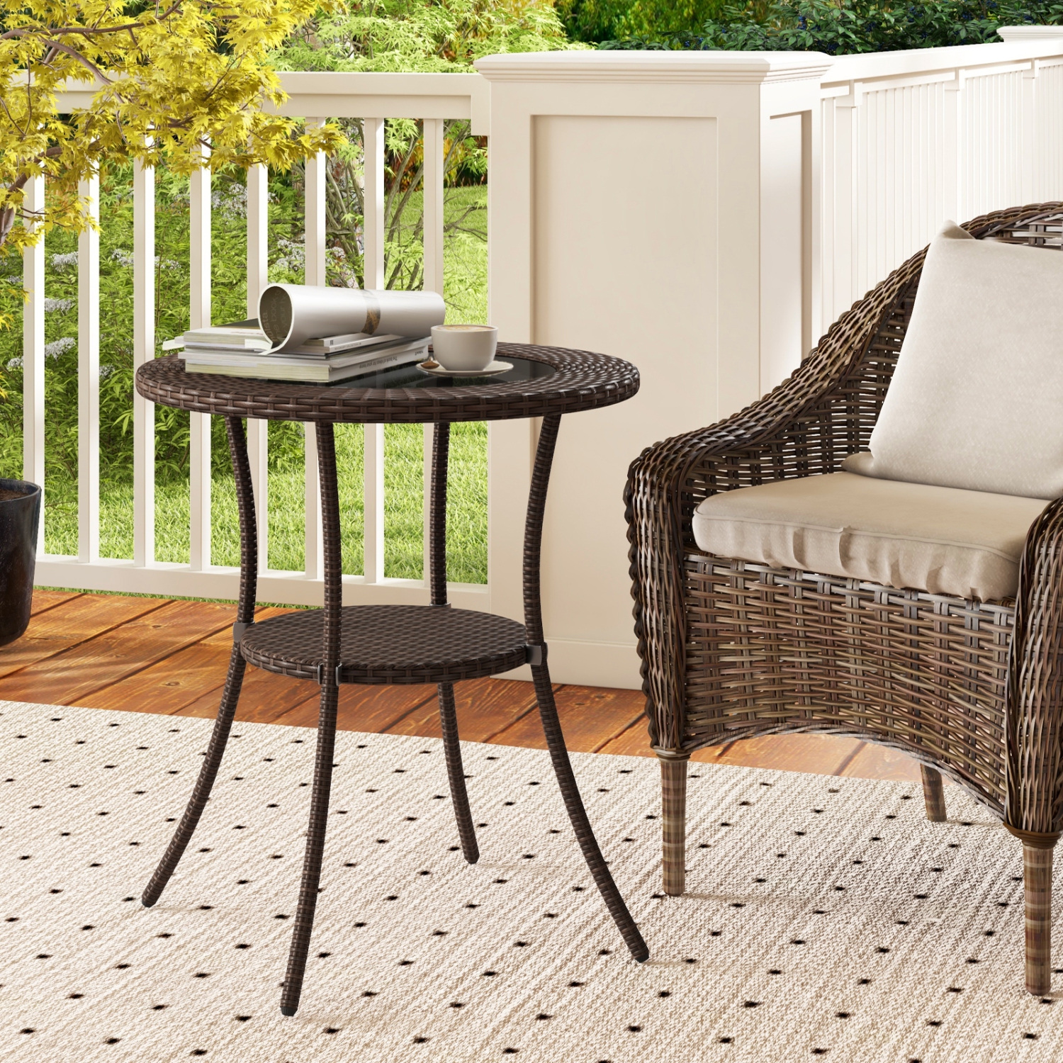 Costway Steel Frame Rattan Wicker Round Coffee Table Glass Top Patio W/ Lower Shelf