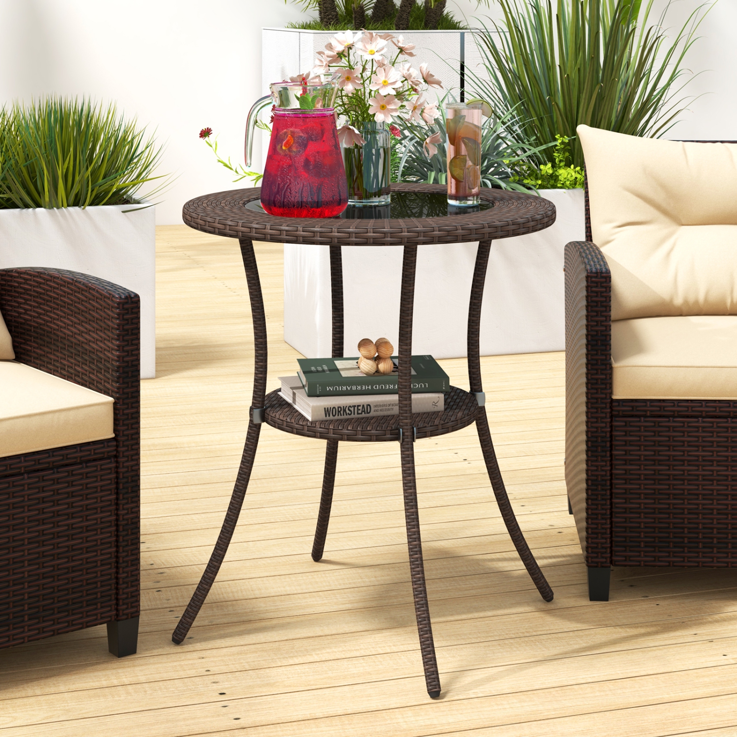 Costway Steel Frame Rattan Wicker Round Coffee Table Glass Top Patio W/ Lower Shelf