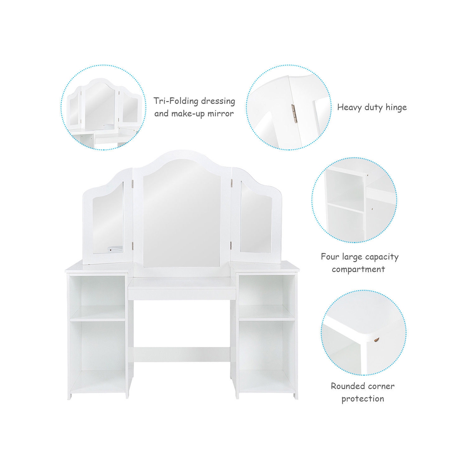 Vanity Table Set Makeup Dressing Kids Girls Study Table Tri Folding Mirror