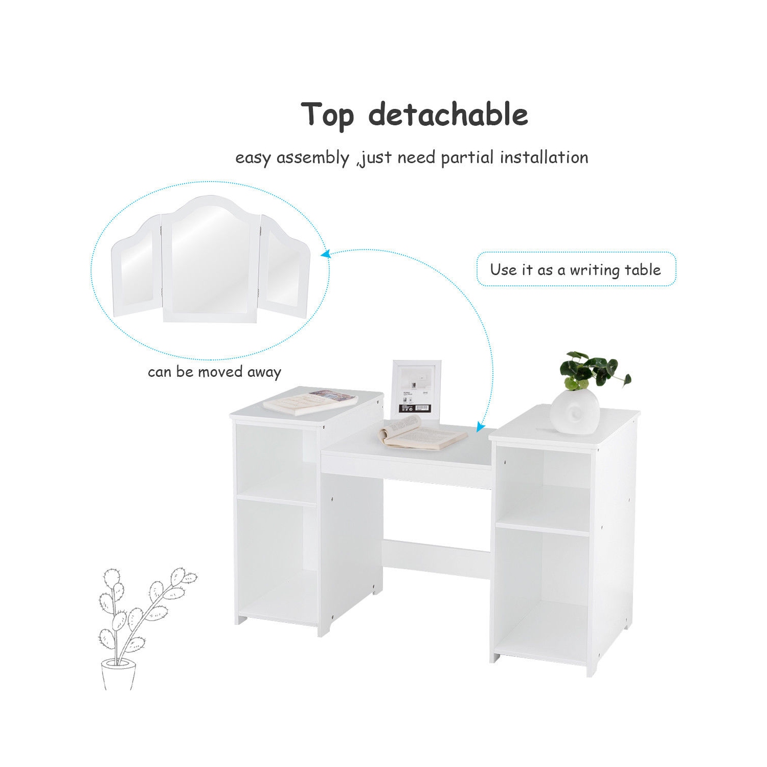 Vanity Table Set Makeup Dressing Kids Girls Study Table Tri Folding Mirror