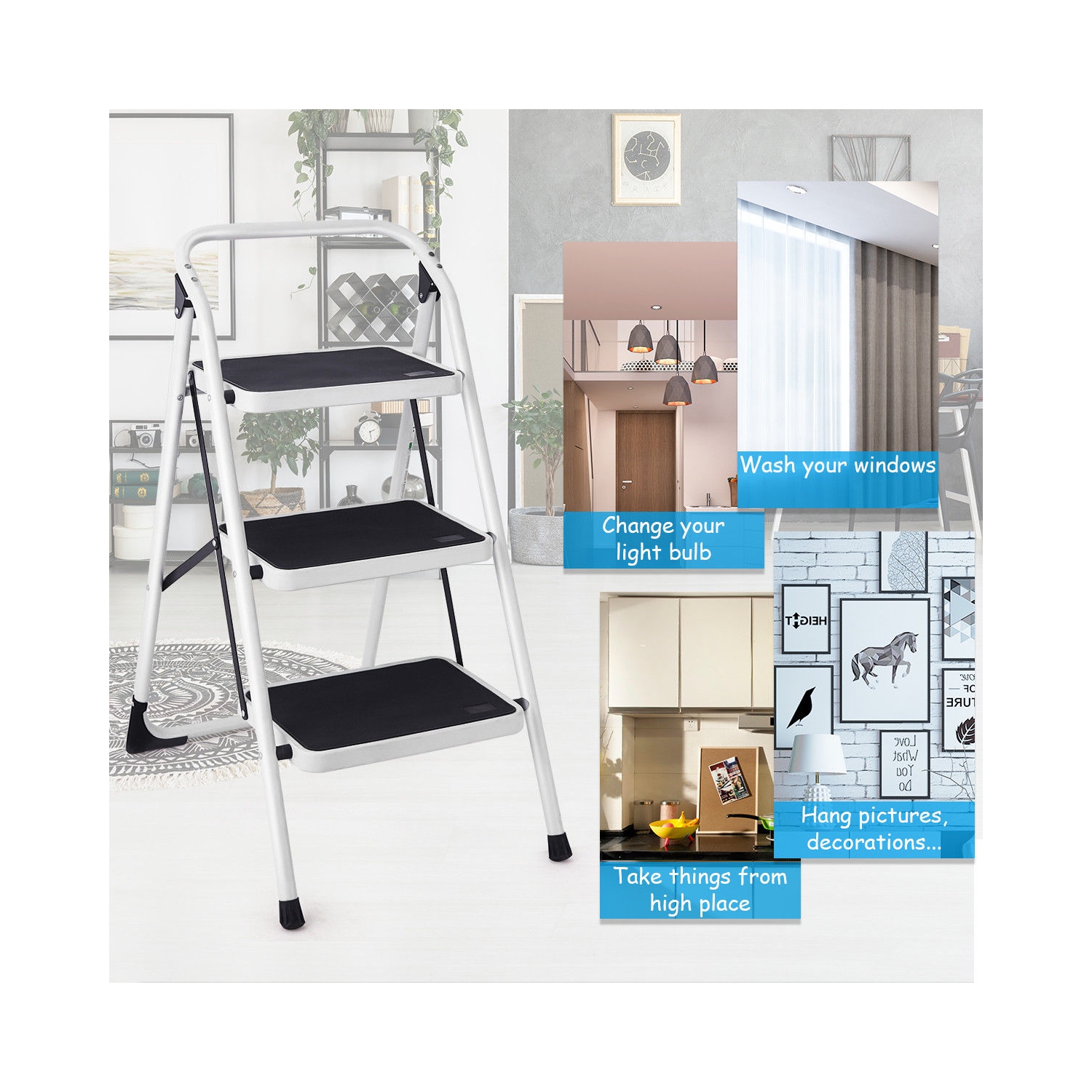Costway 3 Step Lightweight Ladder HD Platform Foldable Stool 330 LB Cap. Saving Space