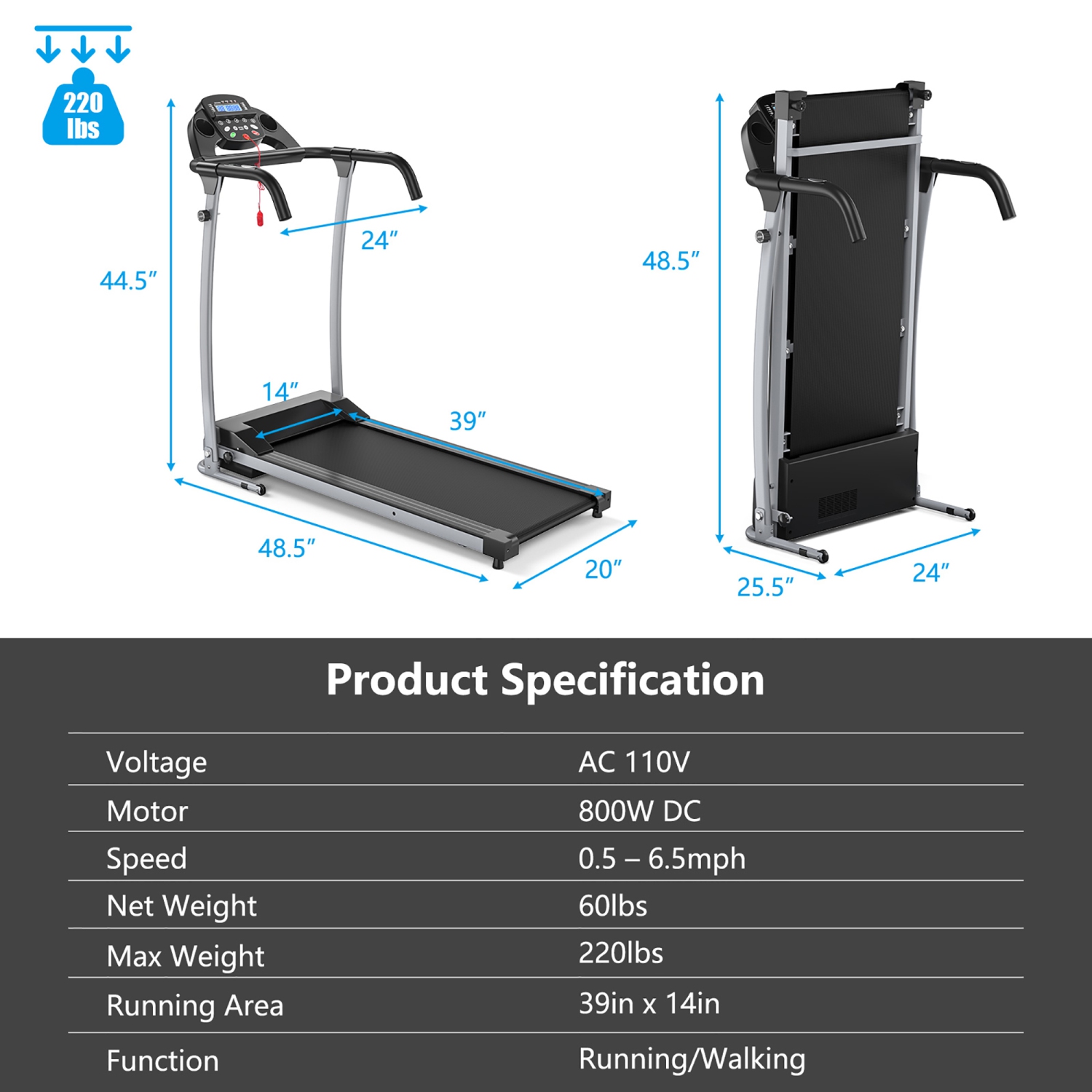 Costway Portable 800W Electric Treadmill Motorized Power Running Fitness Machine