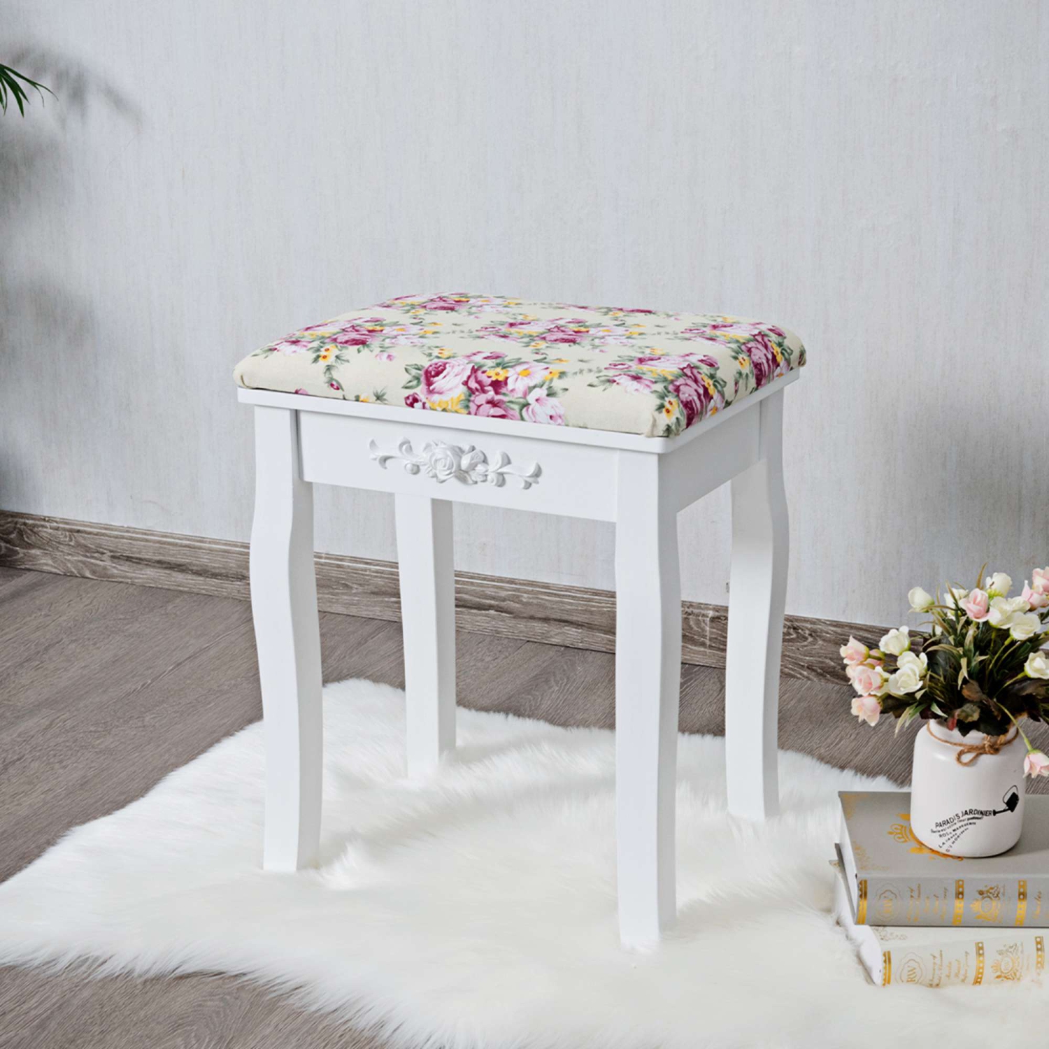 Costway – Tabouret de salle de bain en bois blanc avec coussin rose, chaise rembourrée et chaise de maquillage