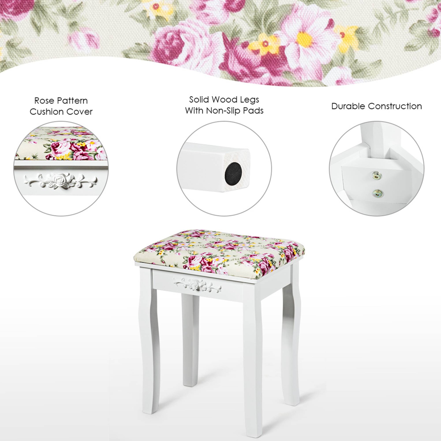 Costway – Tabouret de salle de bain en bois blanc avec coussin rose, chaise rembourrée et chaise de maquillage