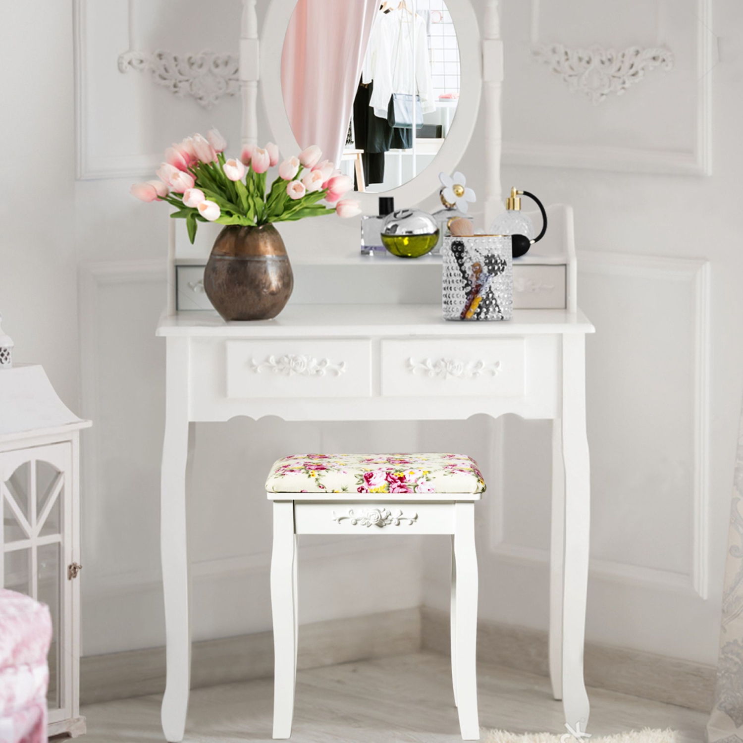 Costway – Tabouret de salle de bain en bois blanc avec coussin rose, chaise rembourrée et chaise de maquillage