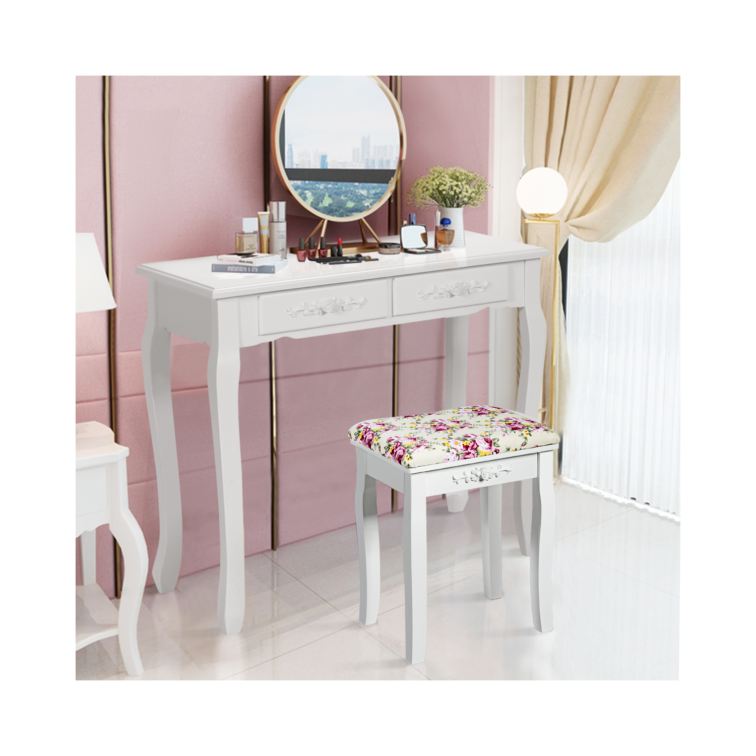 Costway – Tabouret de salle de bain en bois blanc avec coussin rose, chaise rembourrée et chaise de maquillage