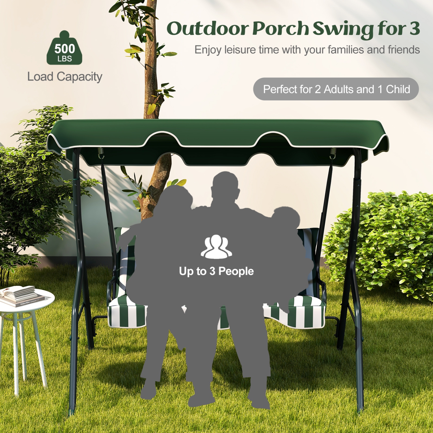 Costway 3 Seats Patio Canopy Swing Glider Hammock Cushioned Steel Frame