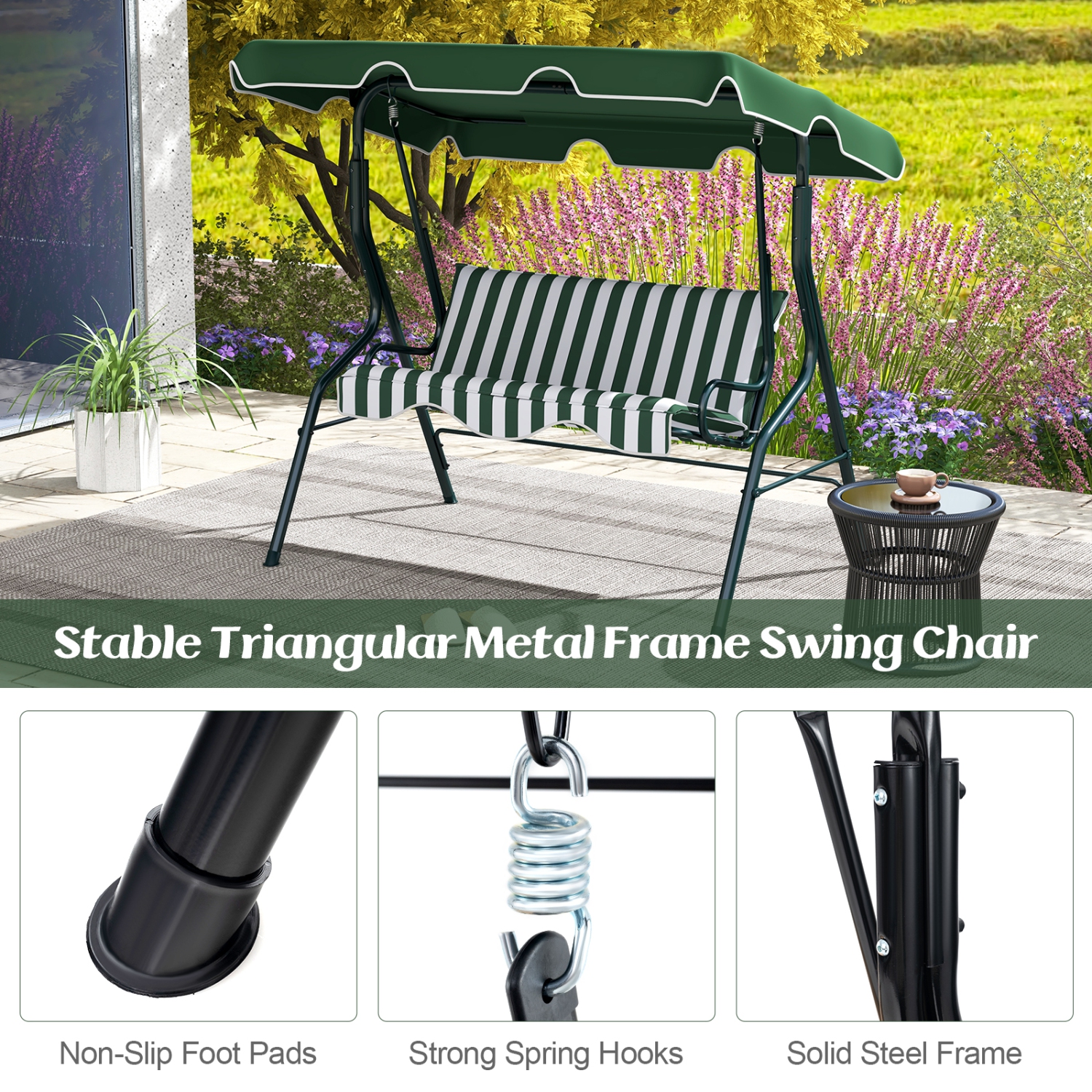 Costway 3 Seats Patio Canopy Swing Glider Hammock Cushioned Steel Frame