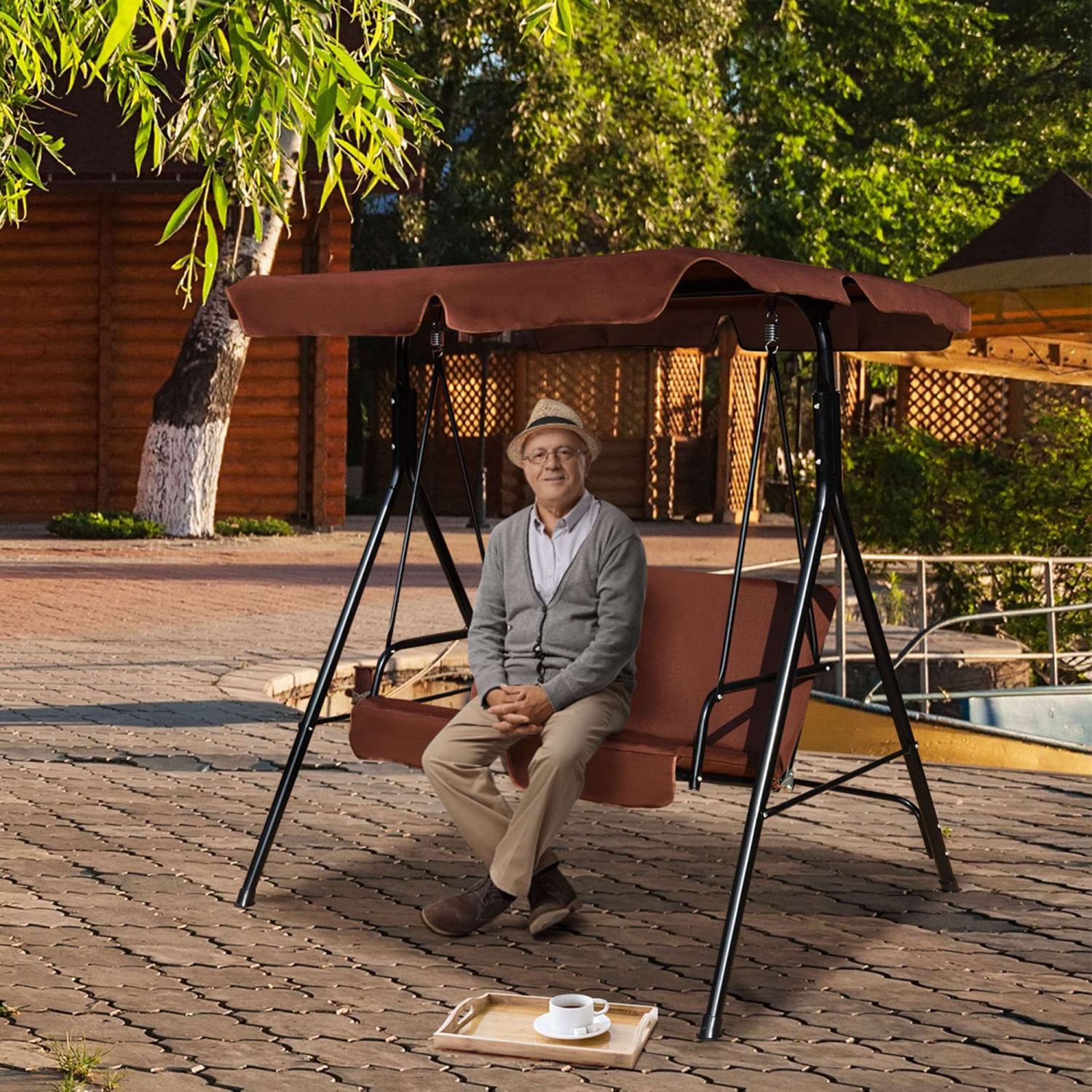 Causeuse de patio avec balancelle à auvent et hamac avec cadre en acier rembourré de Costway pour l’extérieur