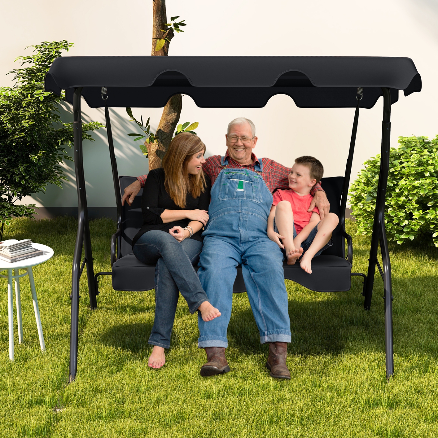 Costway 3 Seats Patio Canopy Swing Glider Hammock Cushioned Steel Frame