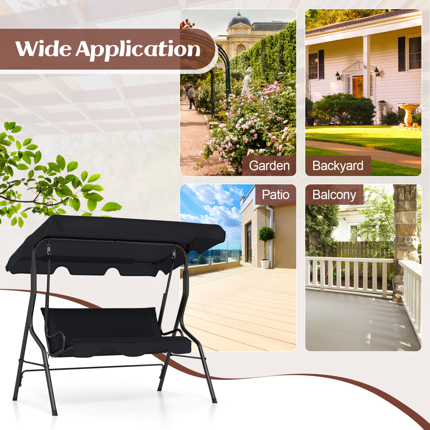 Costway 3 Seats Patio Canopy Swing Glider Hammock Cushioned Steel Frame