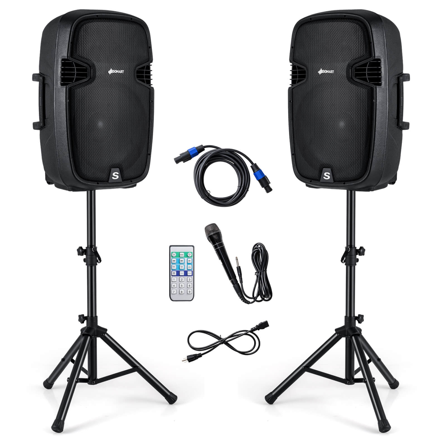 Lot de 2 haut-parleurs amplifiés portables 15" Costway, 2 voies, 2000 W, avec supports et télécommande