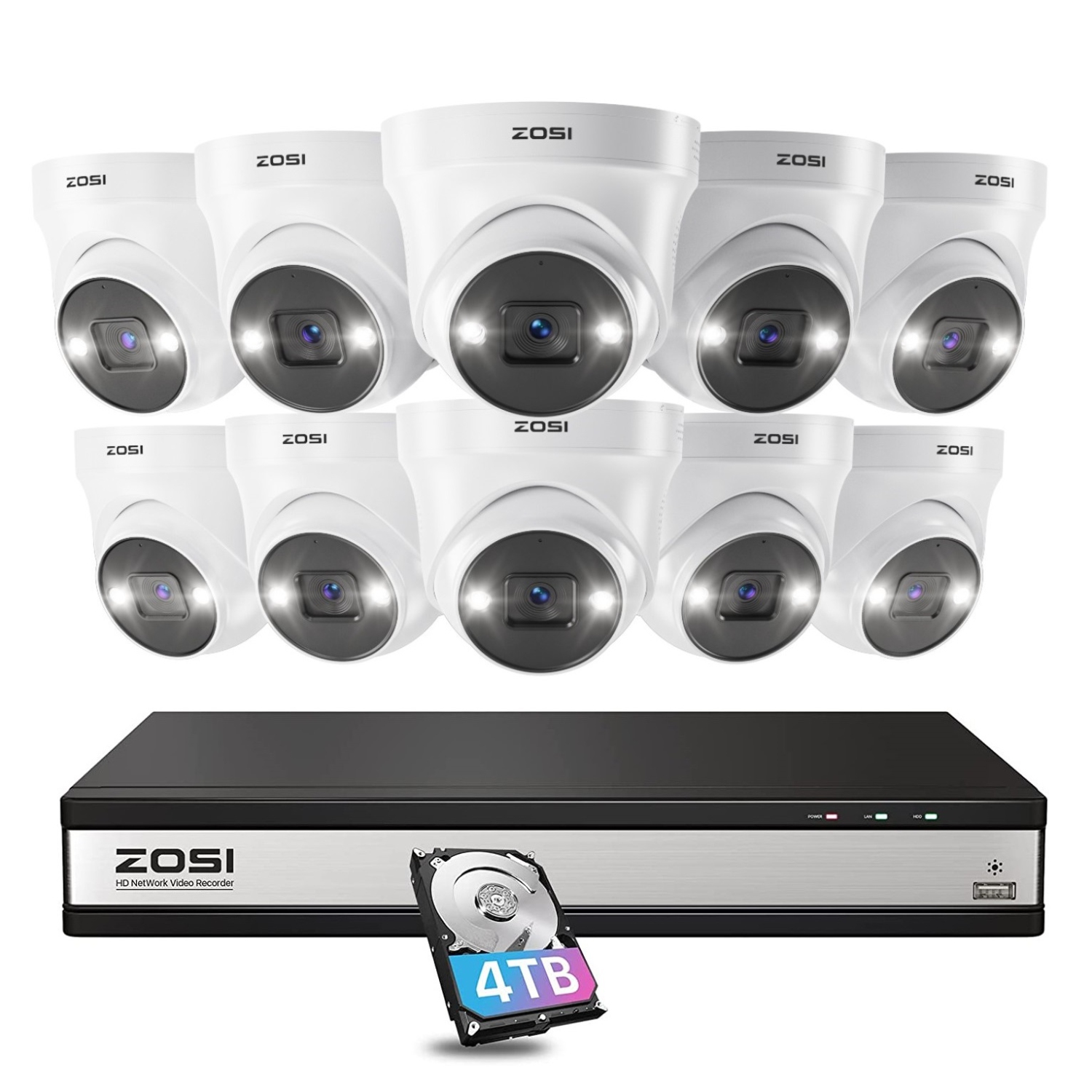 ZOSI 4K 8CH Wired PoE NVR Security Camera System with 4TB HDD, 10pcs 8MP POE Surveillance Camera Kit Outdoor Spotlight, 2-Way Audio, Color Night