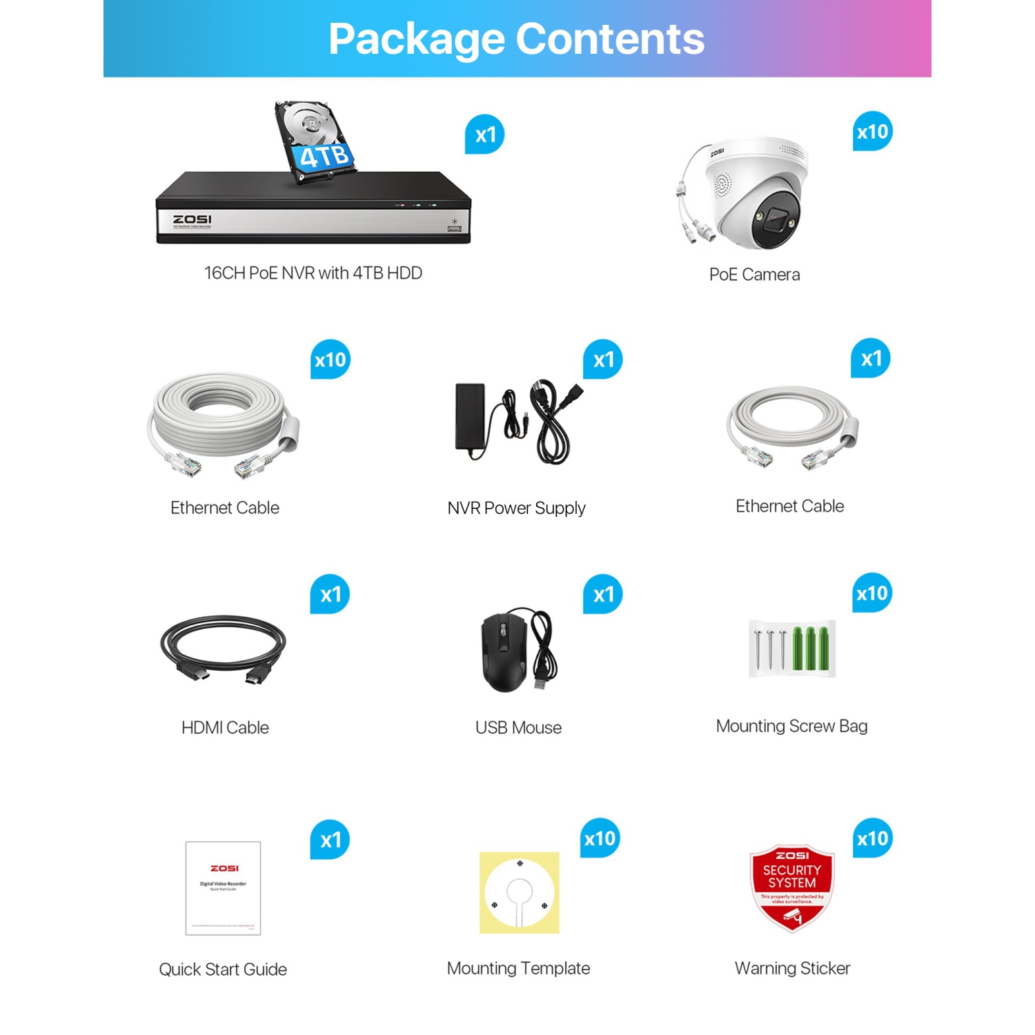 ZOSI 4K 8CH Wired PoE NVR Security Camera System with 4TB HDD, 10pcs 8MP POE Surveillance Camera Kit Outdoor Spotlight, 2-Way Audio, Color Night