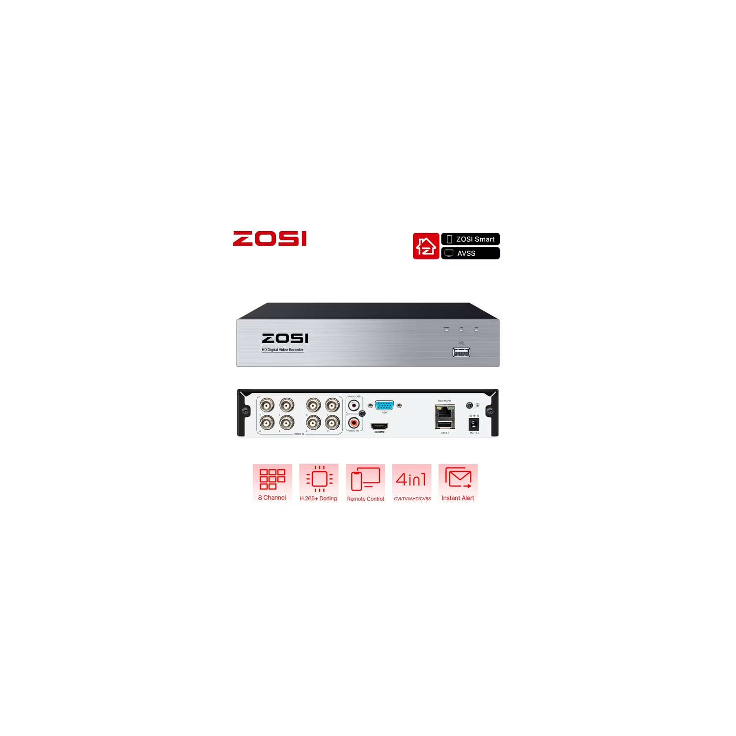 ZOSI 8-Channel 2MP Hybrid 4-in-1 DVR Surveillance Video Recorder with Human Detection, Remote Access for HD-TVI, CVI, AHD, and CVBS 720P/1080P Analog