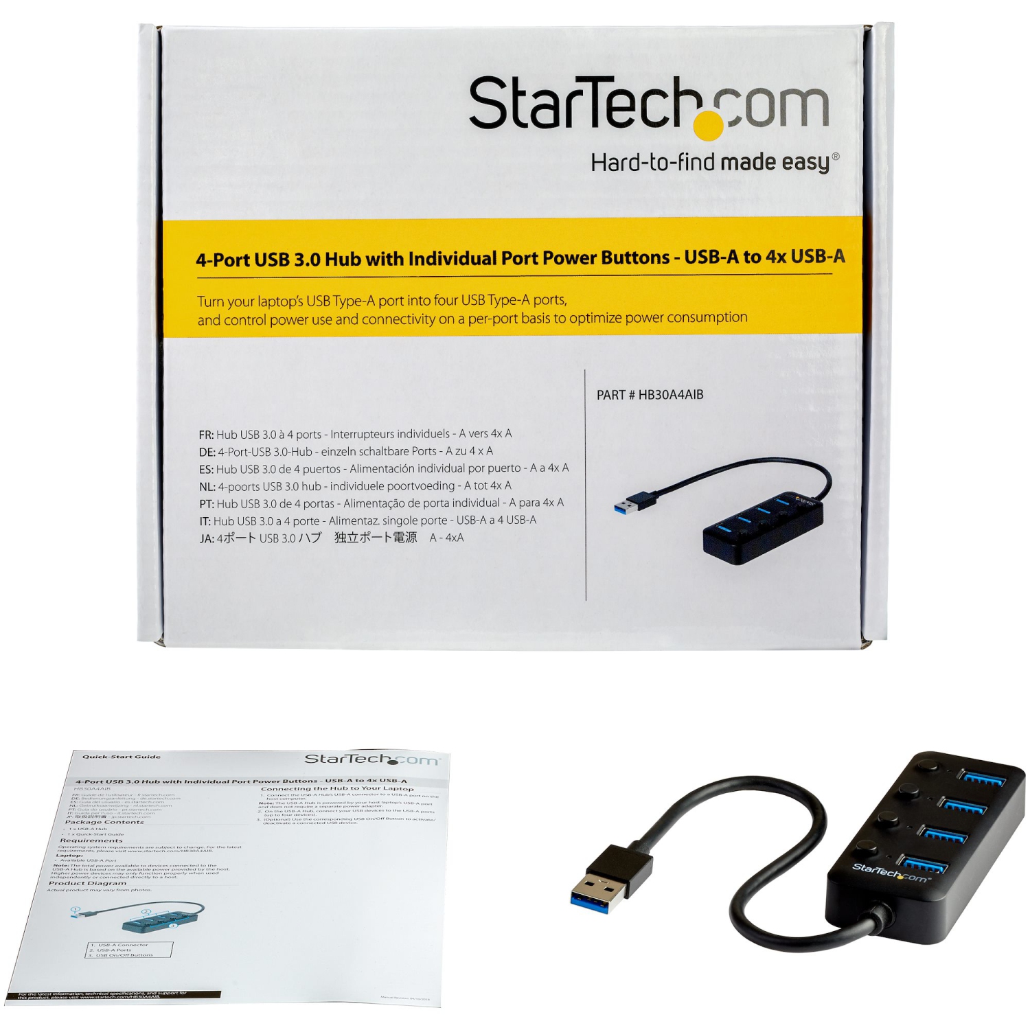 StarTech 4-Port USB 3.0 Hub - 4x USB-A - Individual On/Off Switches