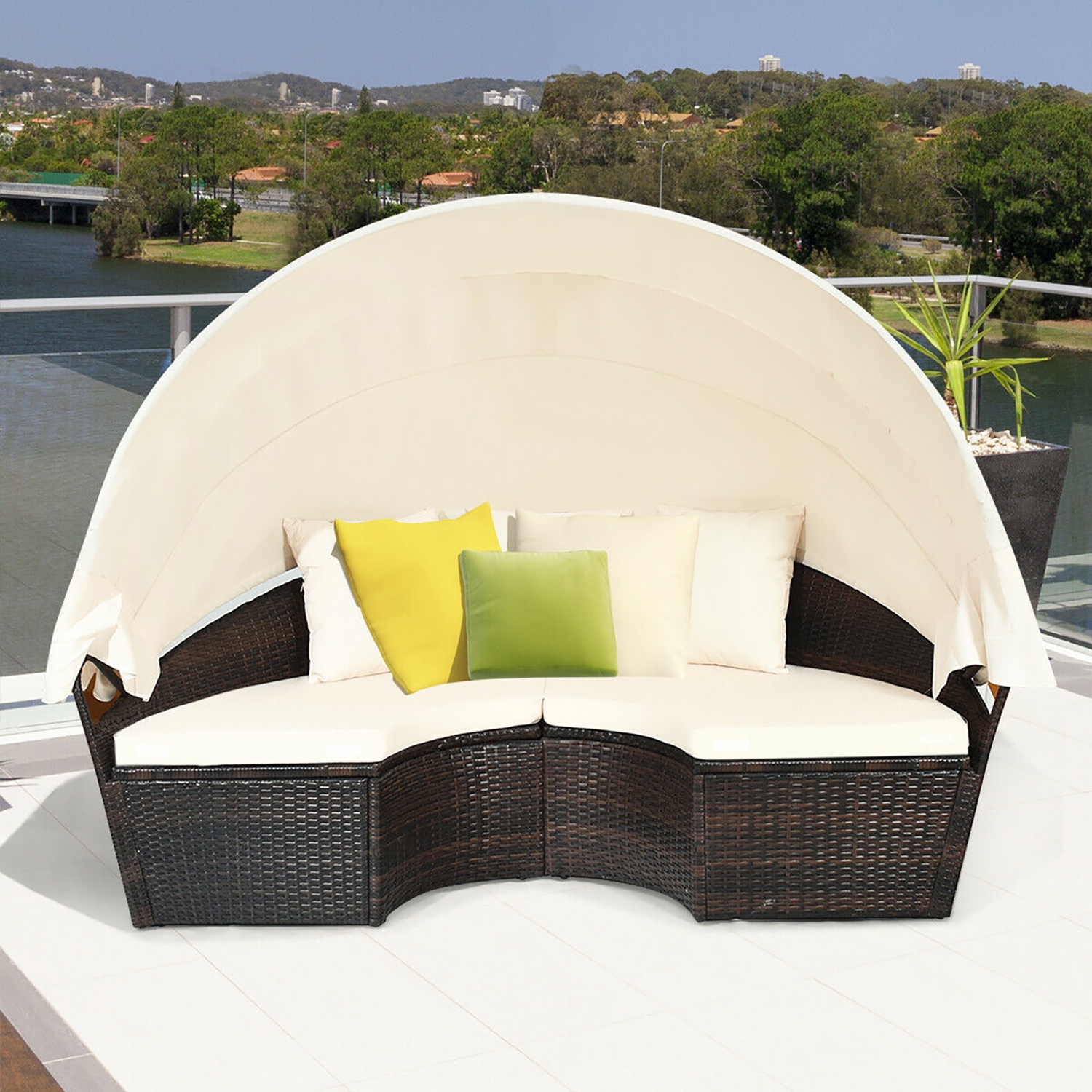 Costway Round Retractable Canopy Daybed Wicker Rattan Patio Sectional Sofa Furniture