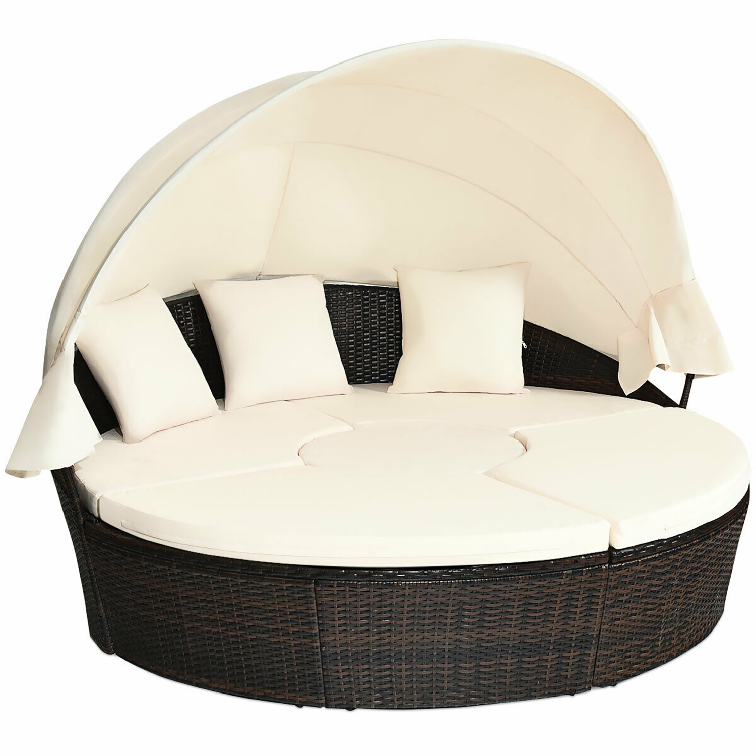 Costway Round Retractable Canopy Daybed Wicker Rattan Patio Sectional Sofa Furniture