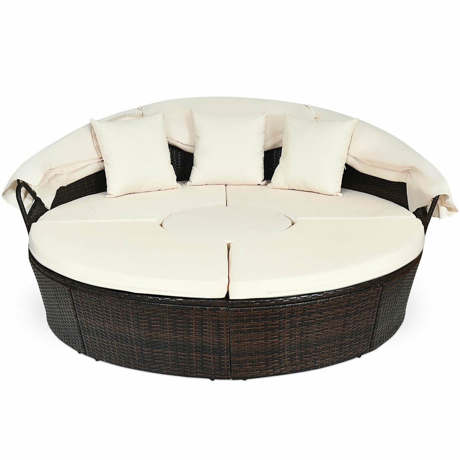 Costway Round Retractable Canopy Daybed Wicker Rattan Patio Sectional Sofa Furniture