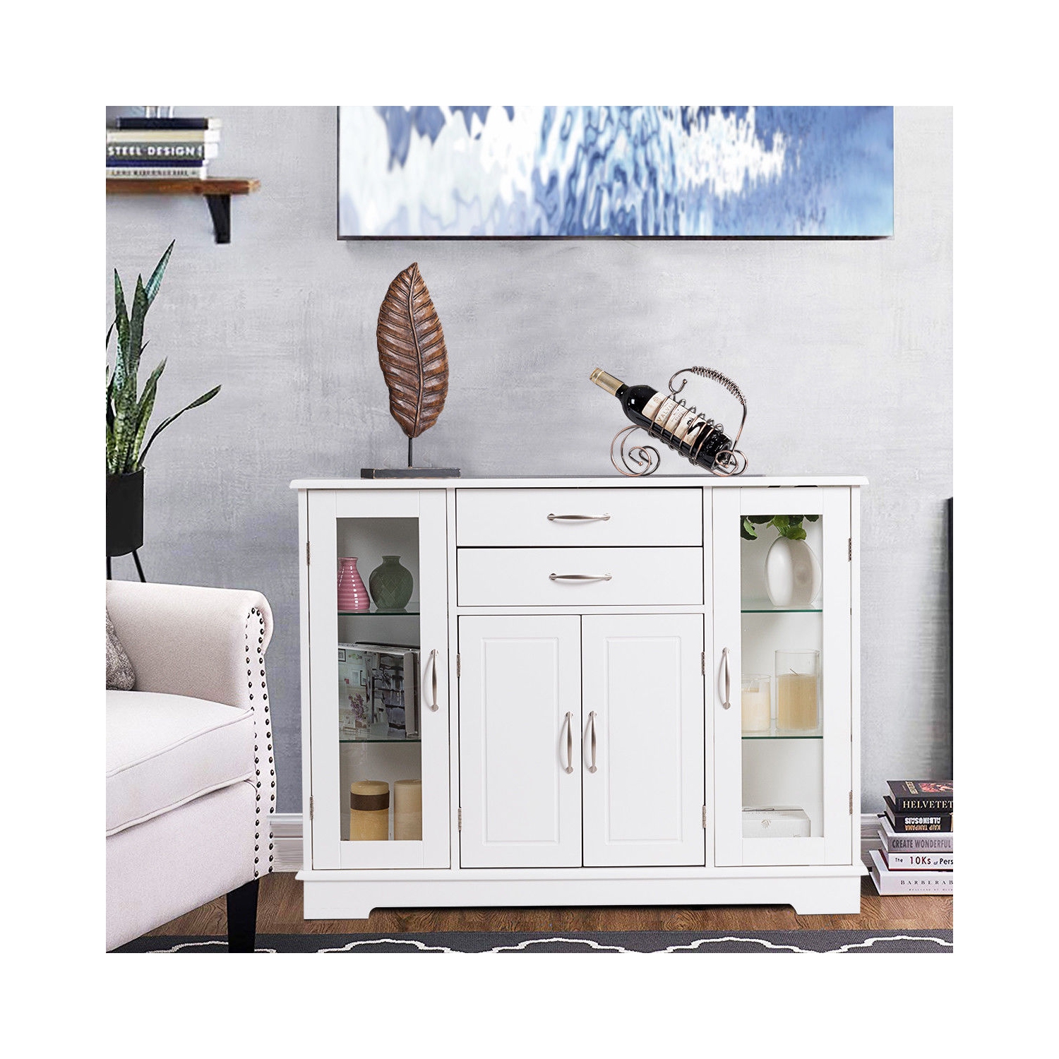 Costway Buffet Storage Cabinet Console Cupboard W/Glass Door Drawers Kitchen Dining Room