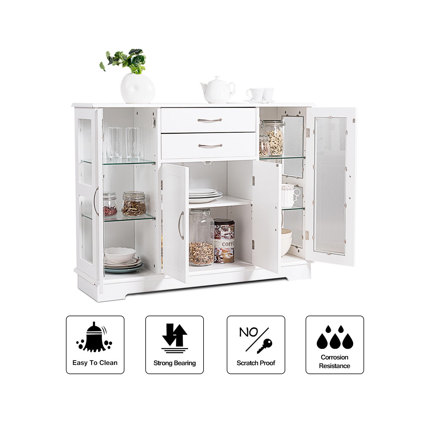 Costway Buffet Storage Cabinet Console Cupboard W/Glass Door Drawers Kitchen Dining Room