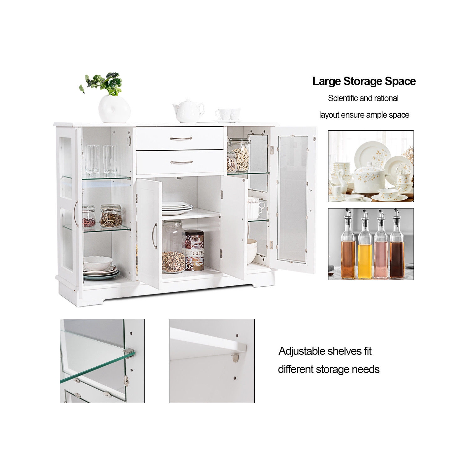 Costway Buffet Storage Cabinet Console Cupboard W/Glass Door Drawers Kitchen Dining Room