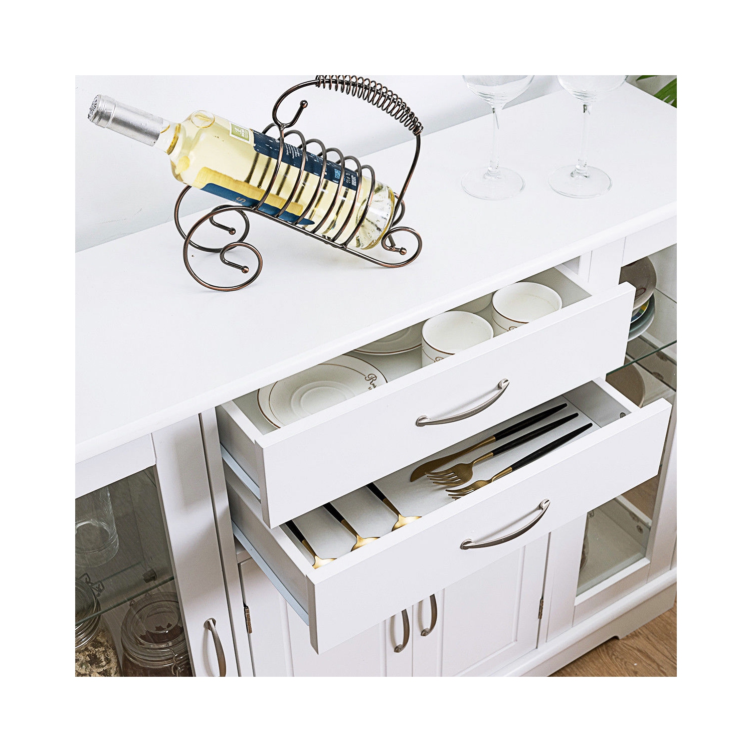 Costway Buffet Storage Cabinet Console Cupboard W/Glass Door Drawers Kitchen Dining Room