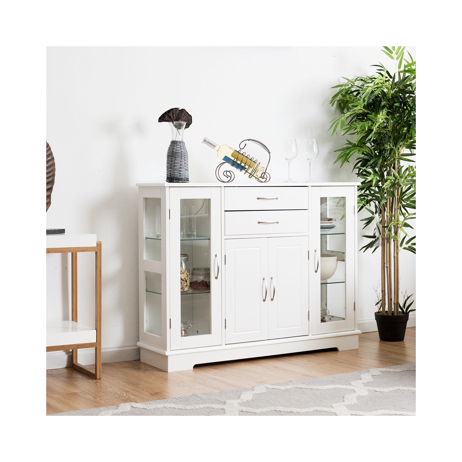 Costway Buffet Storage Cabinet Console Cupboard W/Glass Door Drawers Kitchen Dining Room