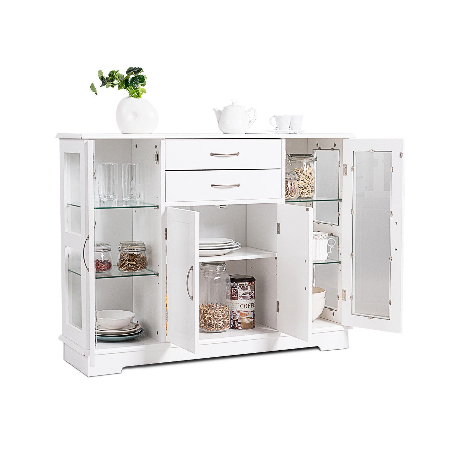 Costway Buffet Storage Cabinet Console Cupboard W/Glass Door Drawers Kitchen Dining Room