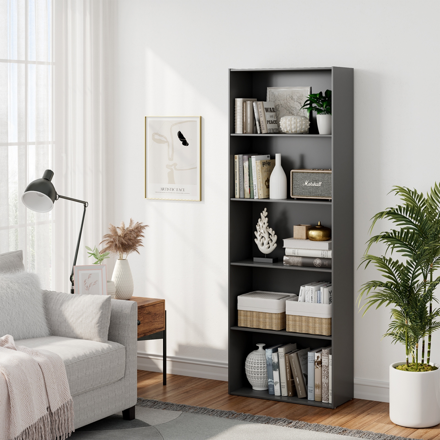 Costway 5-Shelf Storage Bookcase Modern Multi-Functional Display Cabinet Furniture Black