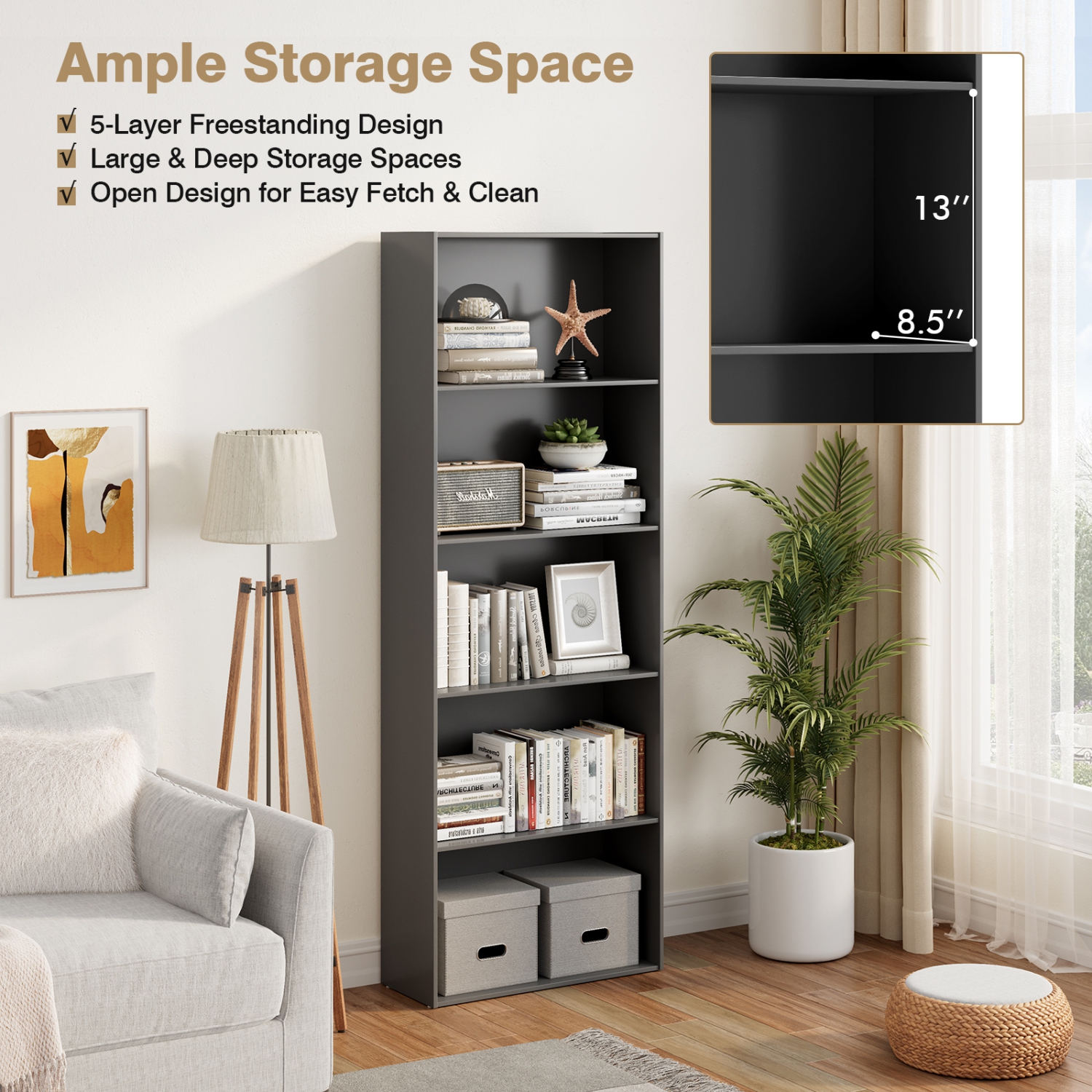 Costway 5-Shelf Storage Bookcase Modern Multi-Functional Display Cabinet Furniture Black