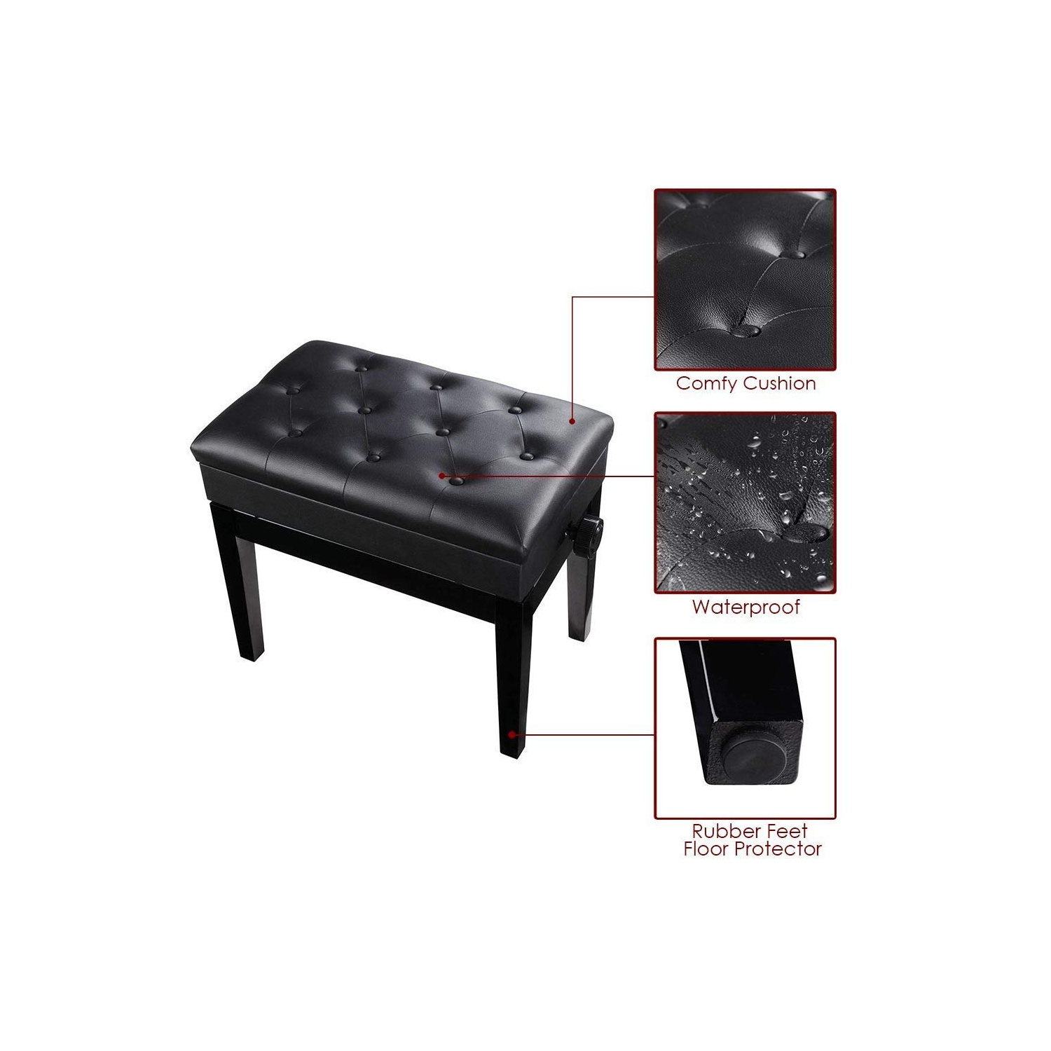 Bison Prosound Black Adjustable Height Piano Bench PU Padded Keyboard Storage Seat Weight Capacity 264lbs