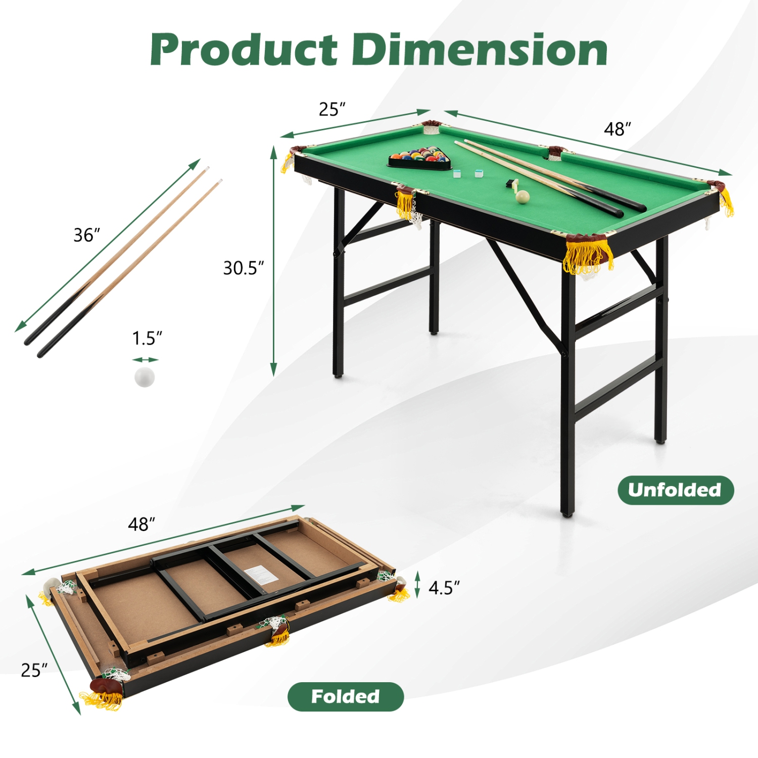 Costway 47" Folding Billiard Table Pool Game Table Indoor Kids w/ Cues Brush Chalk Green