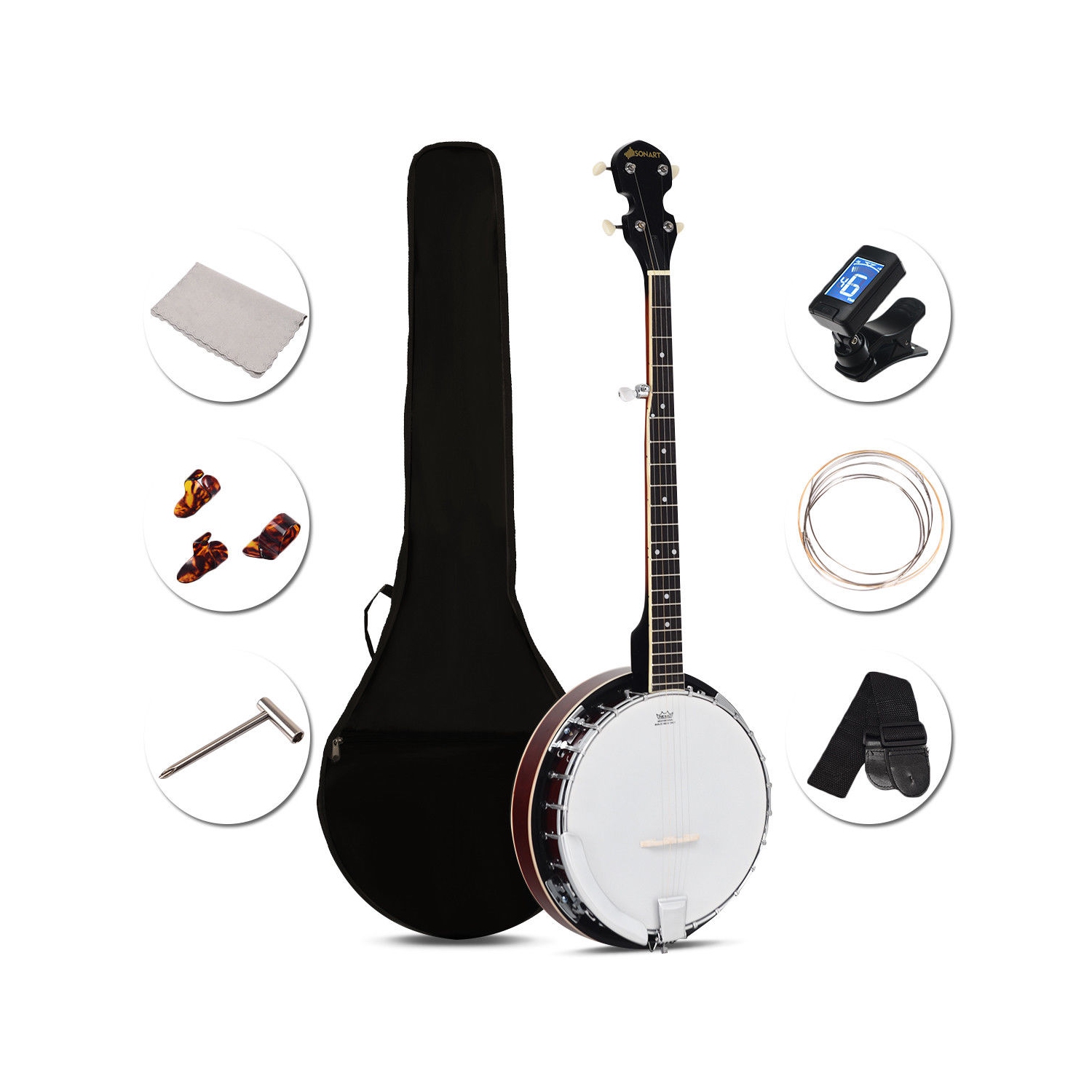 Banjo à 5 Cordes 39 Pouce Remo Peau, 24 Réglables Supports, avec Ensemble de Cordes,Sac à Dos, Médiators,Accordeur, Cadeau pour Amis Debutants/Concert