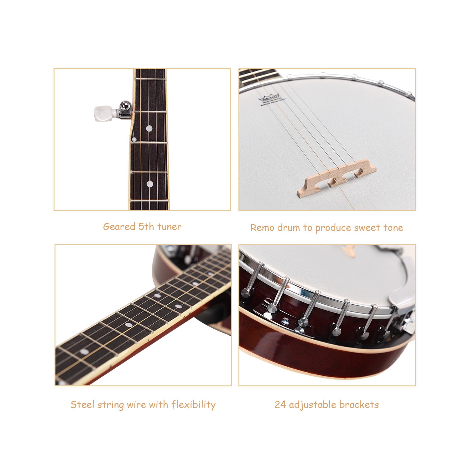 Banjo à 5 Cordes 39 Pouce Remo Peau, 24 Réglables Supports, avec Ensemble de Cordes,Sac à Dos, Médiators,Accordeur, Cadeau pour Amis Debutants/Concert