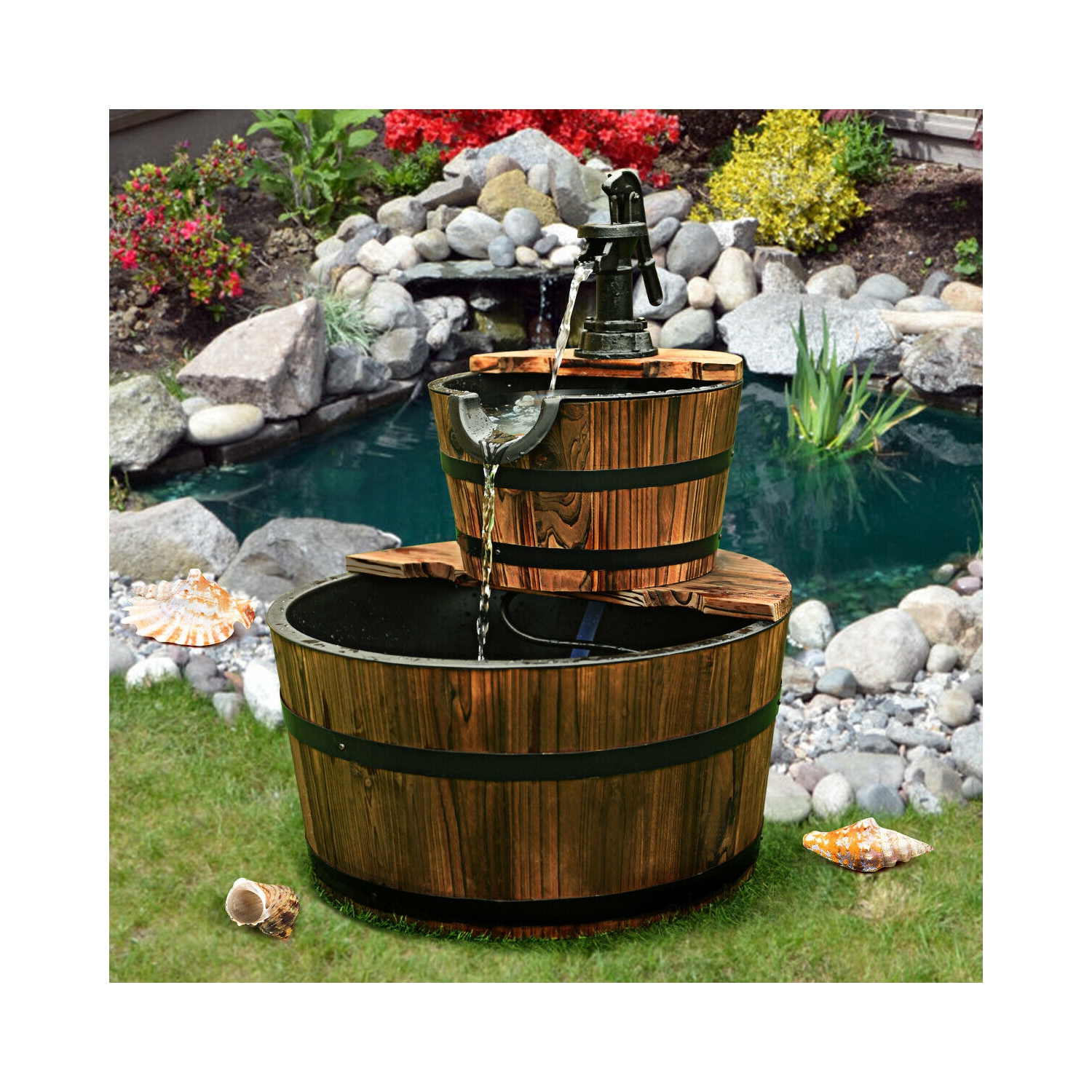 2 Tier Barrel Waterfall Fountain Barrel Wooden Water Fountain Pump Garde