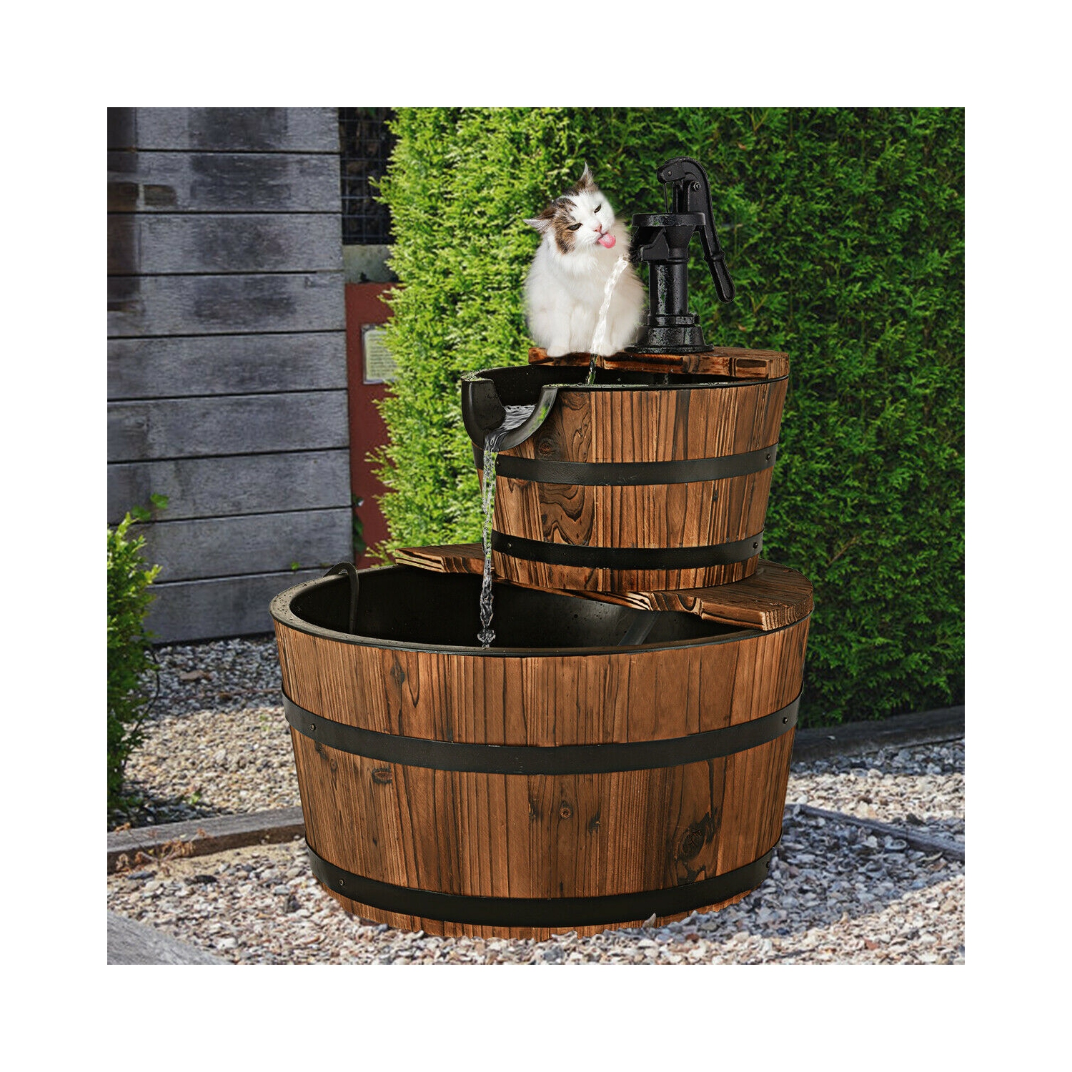 2 Tier Barrel Waterfall Fountain Barrel Wooden Water Fountain Pump Garde