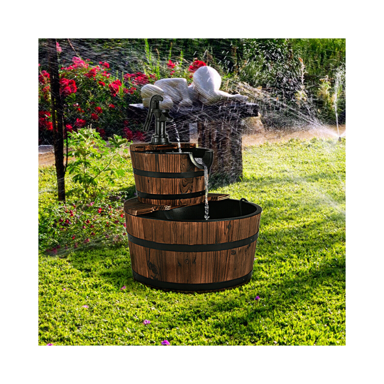 2 Tier Barrel Waterfall Fountain Barrel Wooden Water Fountain Pump Garde